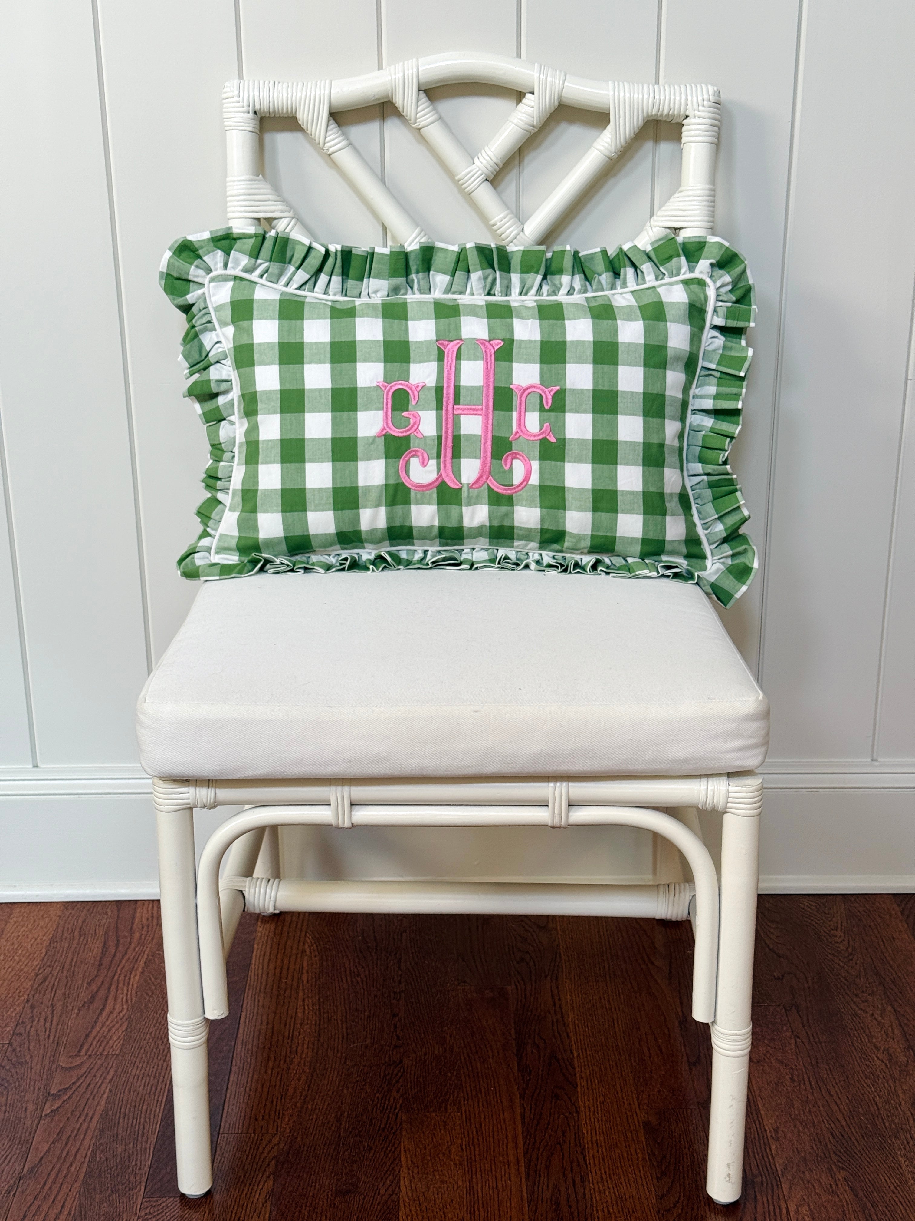 Fern green check pillow cover with ruffle trim, monogram available