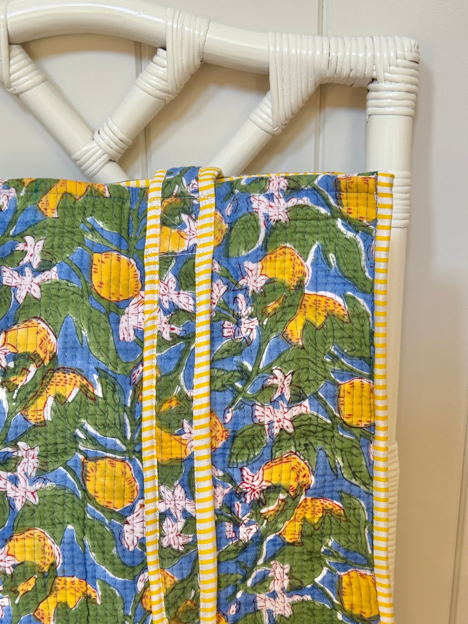 Lemon blossom blue and yellow quilted block print tote bag monogram available