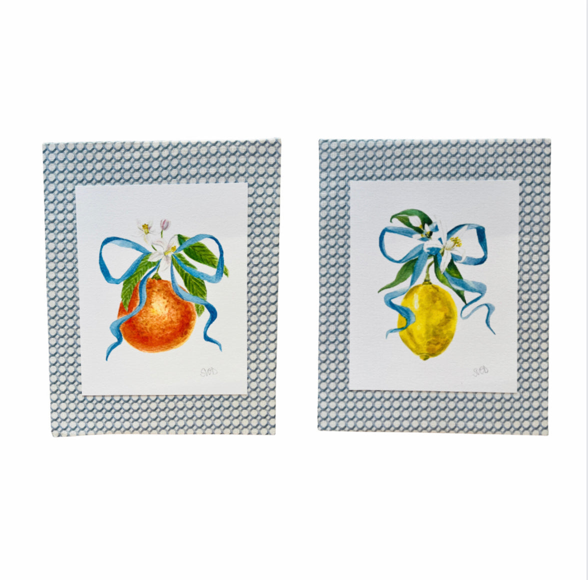 Sarah Drayton fruit art prints with fabric covered mat