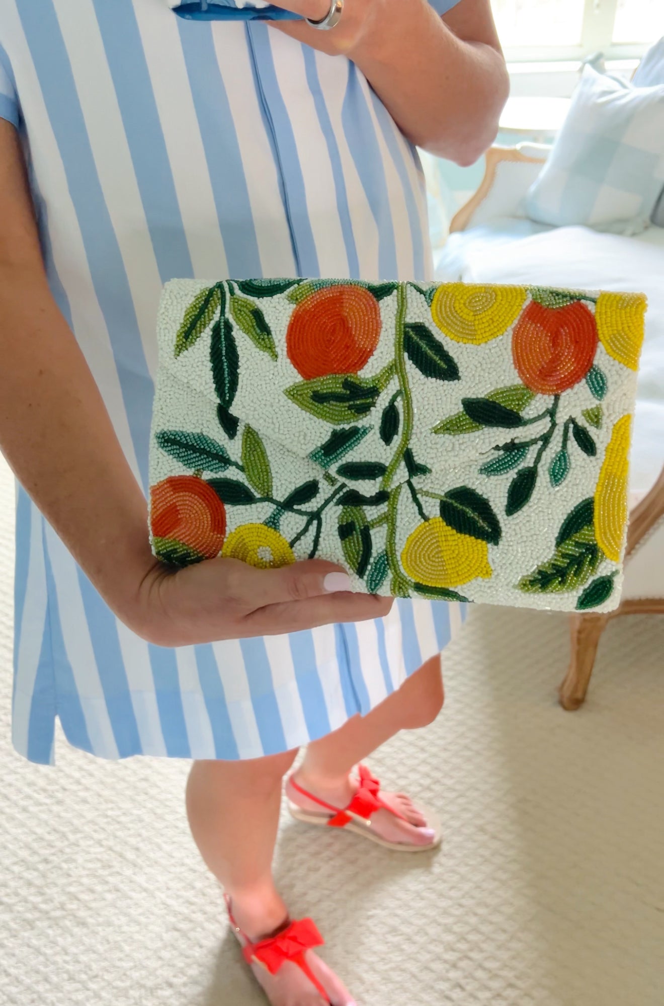 Hand beaded citrus pattern clutch