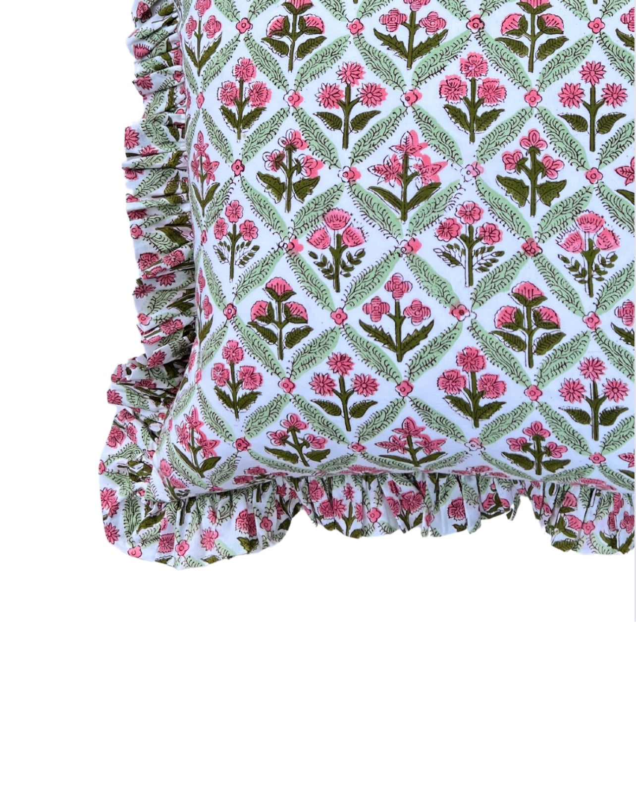 Rose and green floral trellis block print ruffle pillow cover