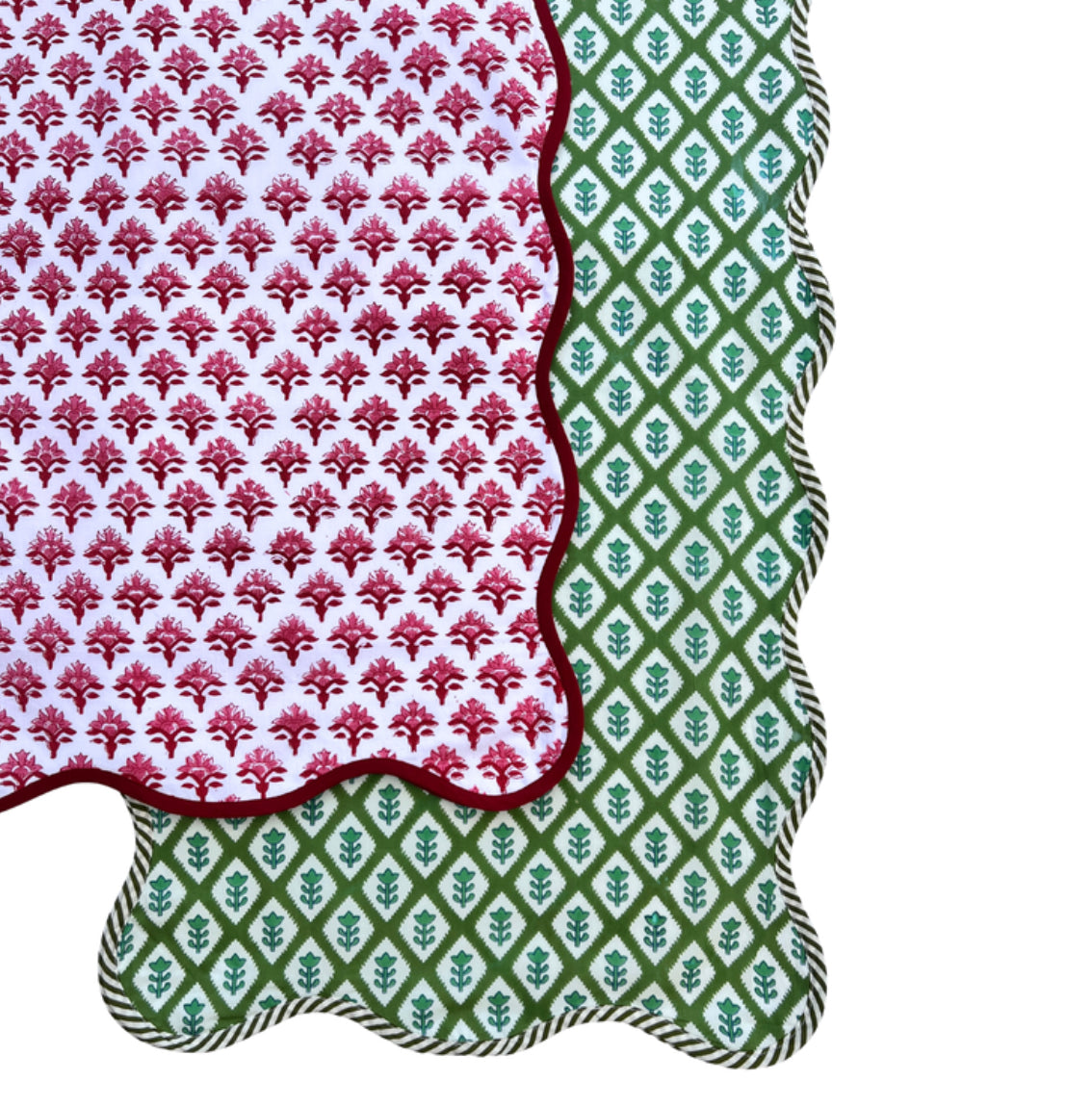 Red block print scalloped table runner with contrast piping