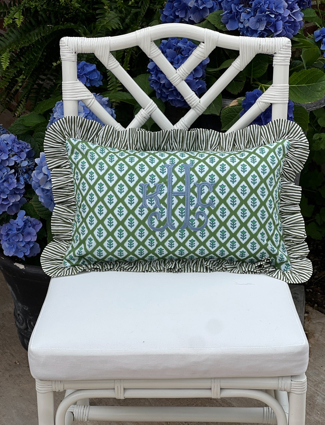 Green block print pillow cover with ruffle flange