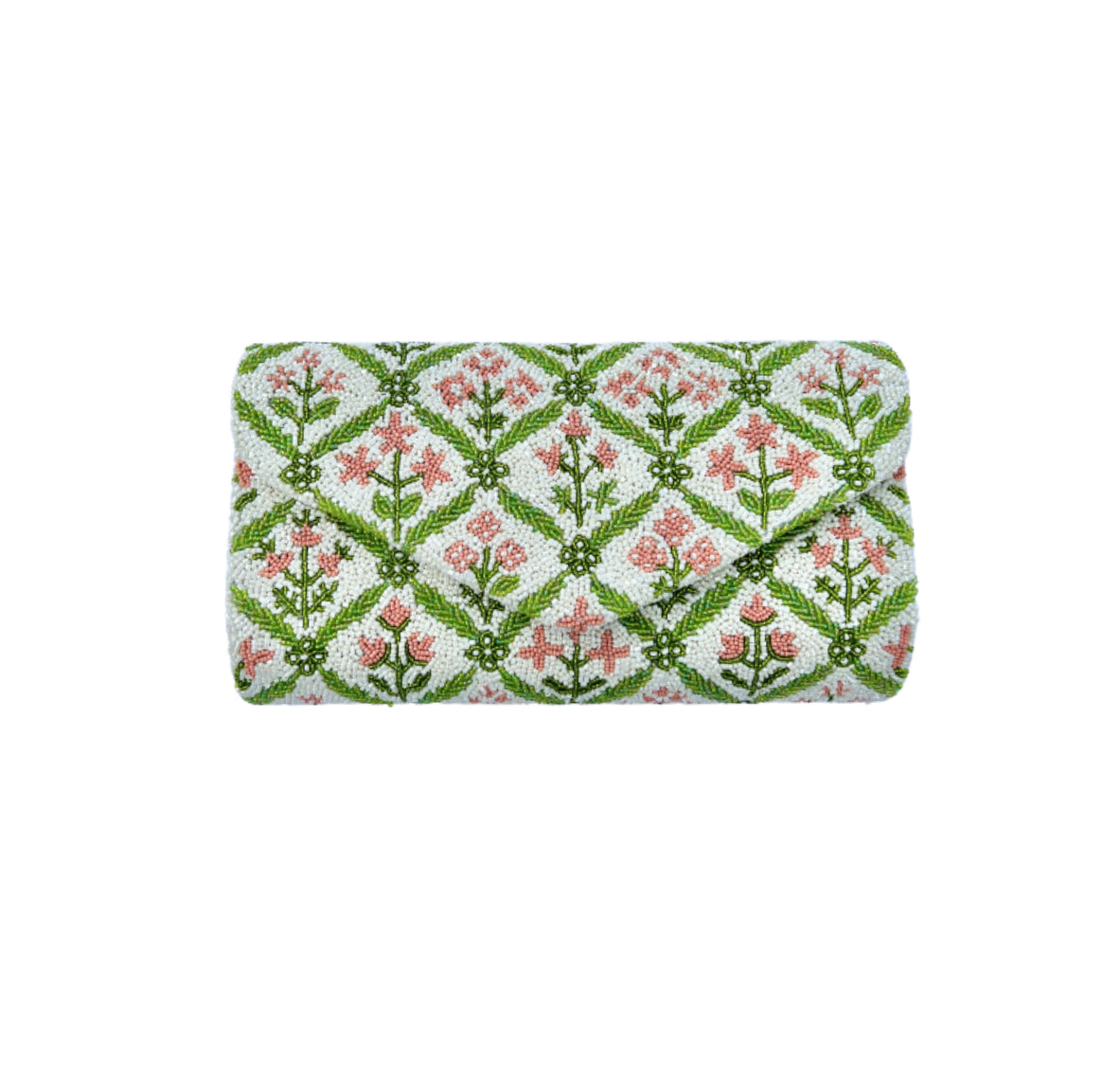 Hand beaded pink and green block print floral clutch
