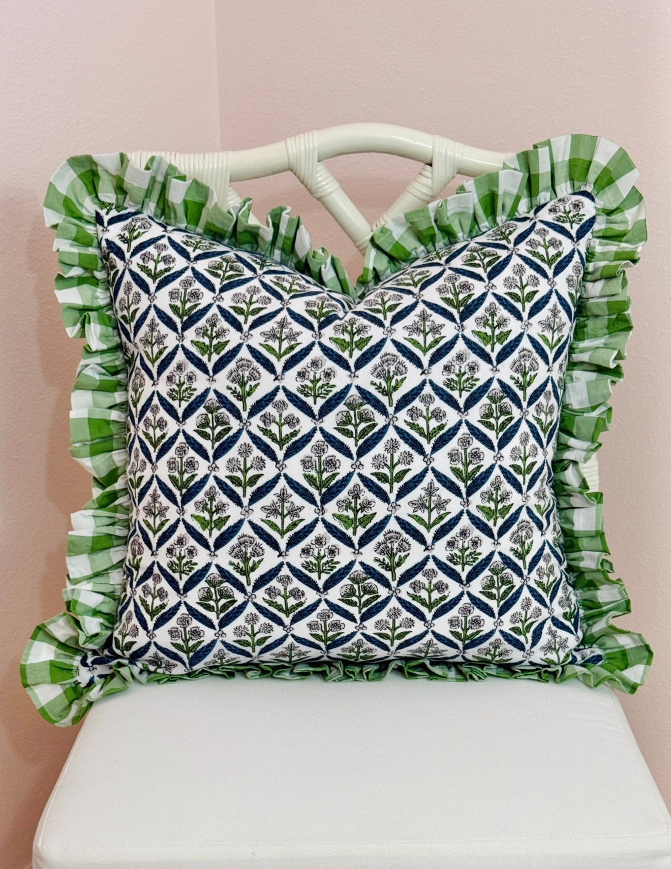 Blue and green floral trellis block print ruffle pillow cover with green check ruffle trim