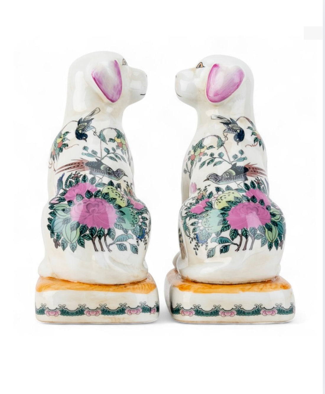 Pink floral Rose Medallion porcelain Staffordshire dog pair 7.5”