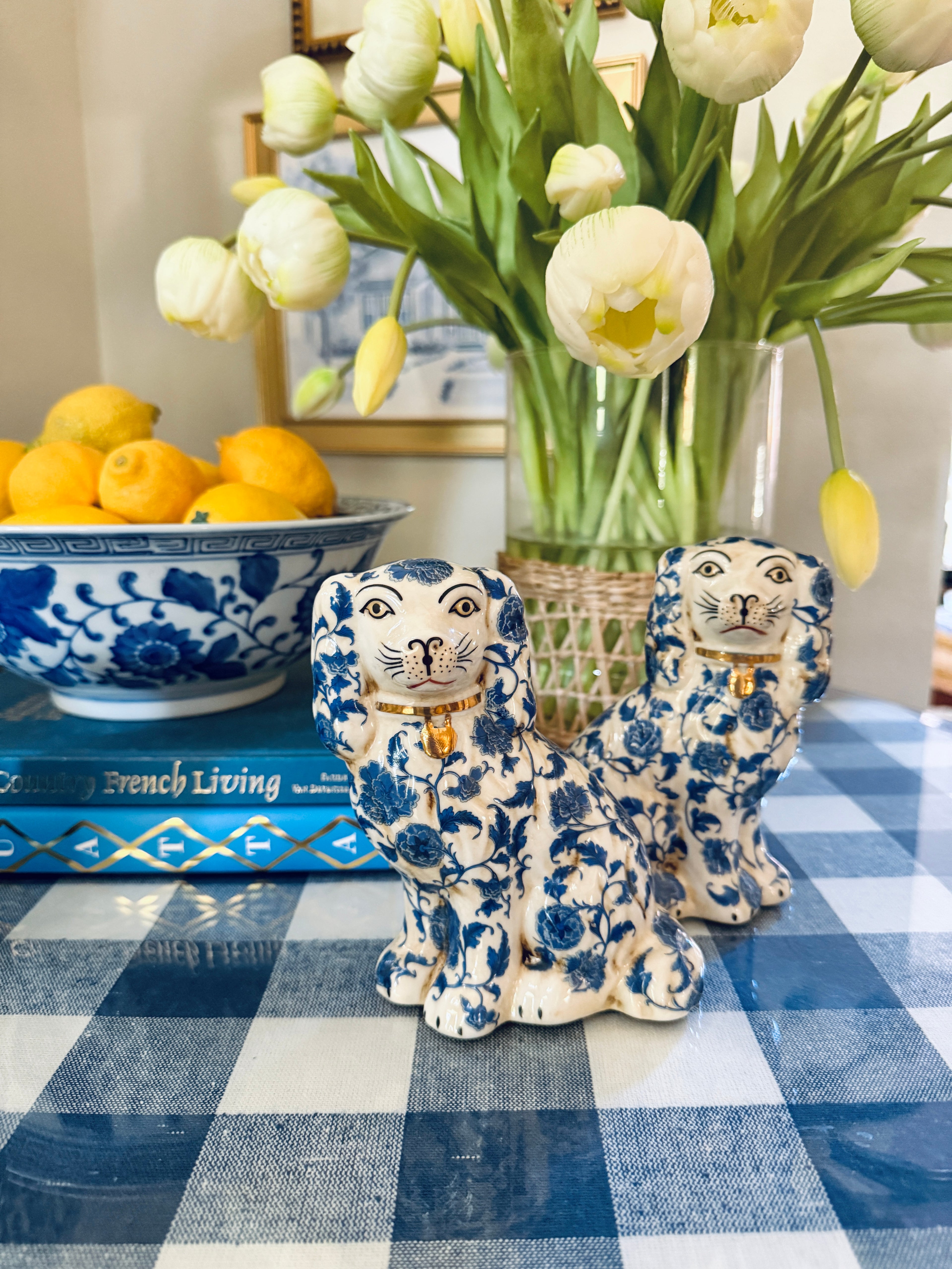 Blue and white floral Staffordshire dog pair 6” tall