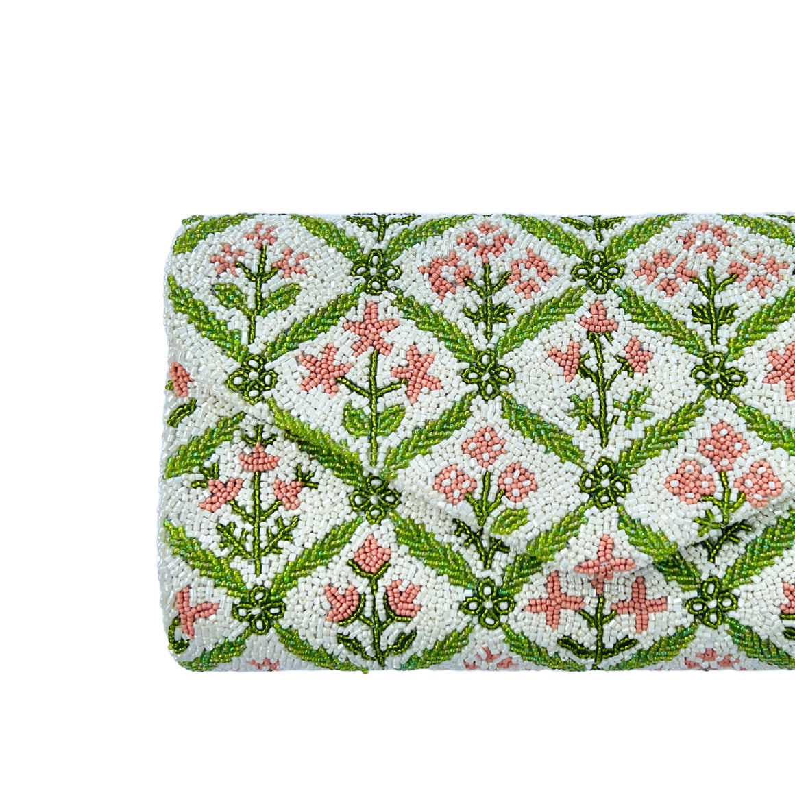Hand beaded pink and green block print floral clutch