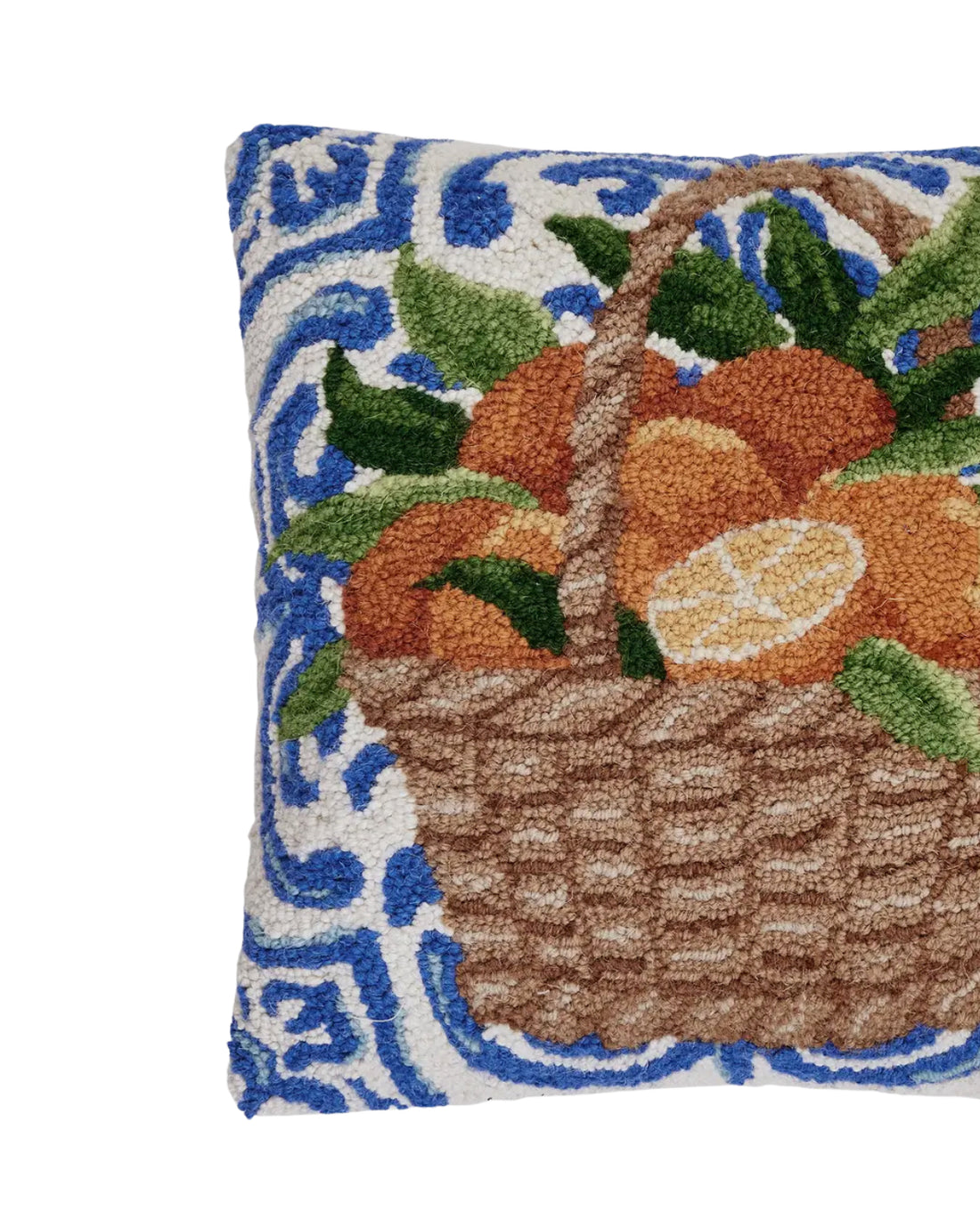 Mediterranean oranges in basket hand hooked pillow