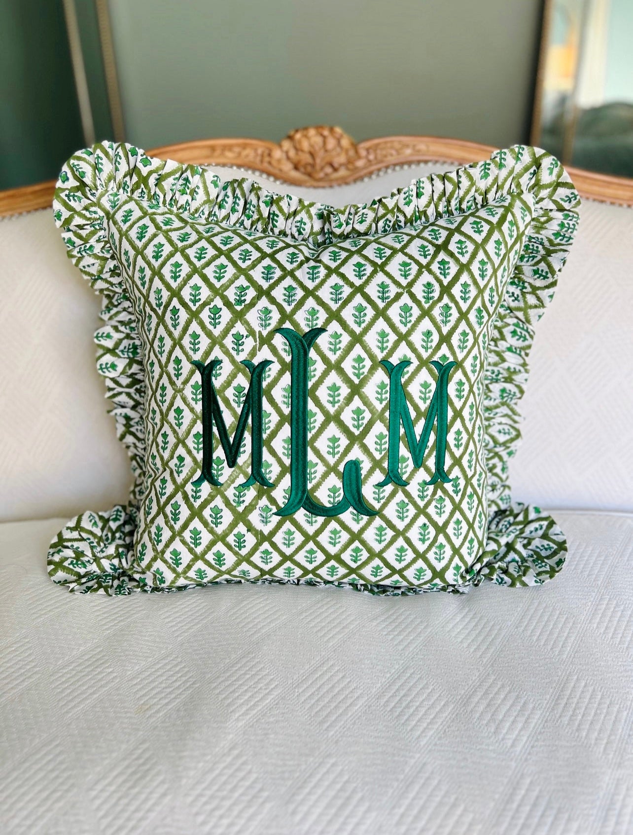Green block print pillow cover with ruffle flange