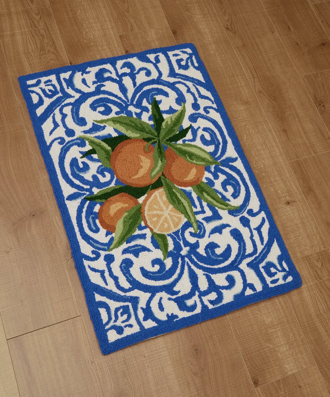 Mediterranean oranges hand hooked rug