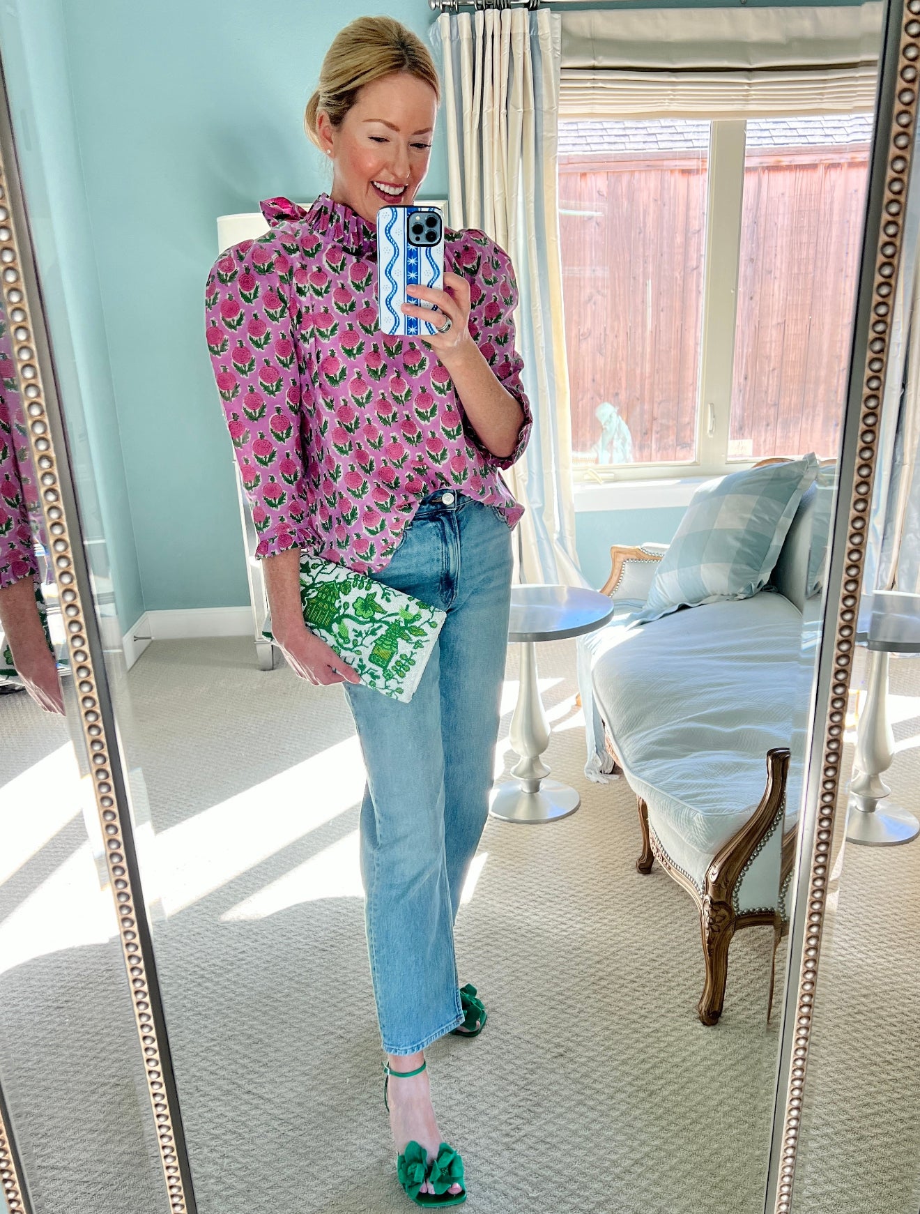 Hand beaded green and white chinoiserie clutch *in stock!*