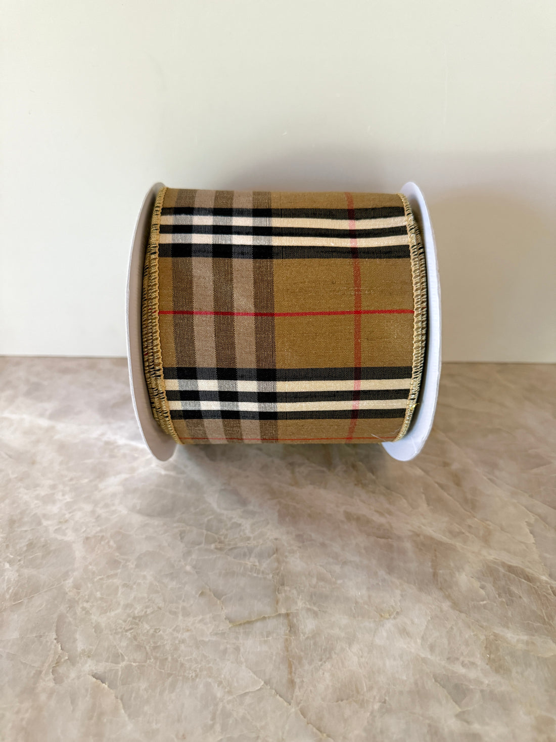 Tan and red tartan plaid ribbon