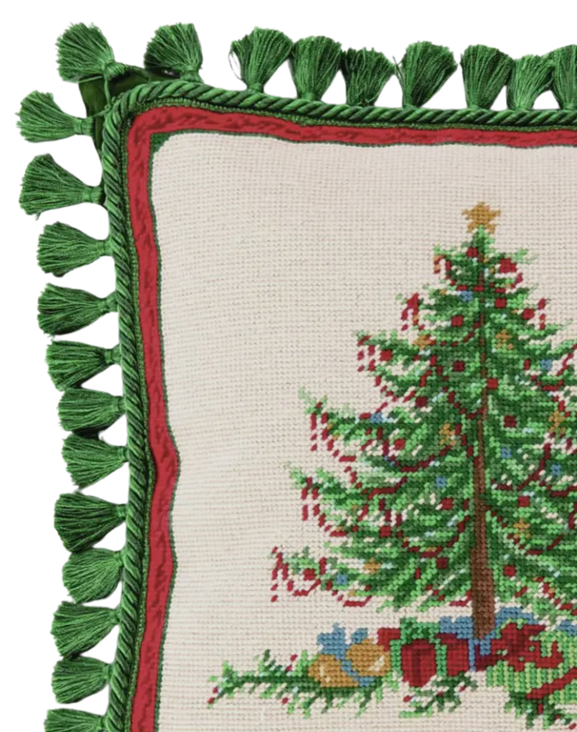 Needlepoint Christmas tree pillow with tassels