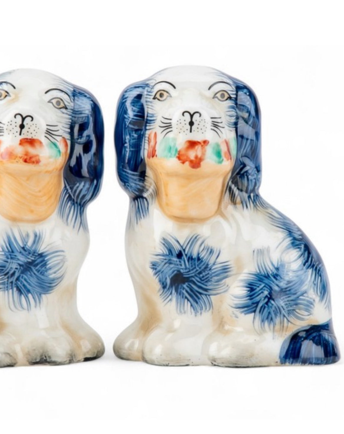 Mini blue porcelain Staffordshire dogs with flower baskets figurine pair