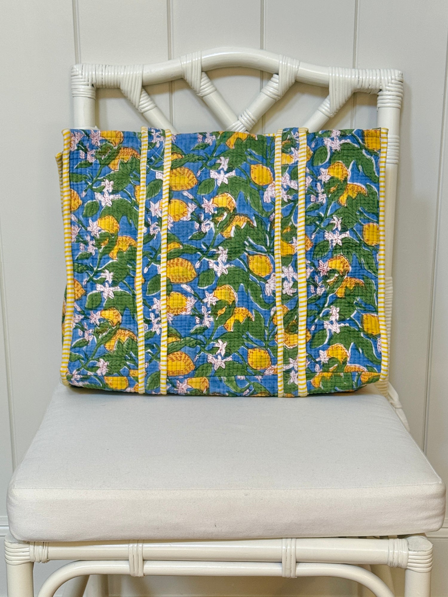 Lemon blossom blue and yellow quilted block print tote bag monogram available