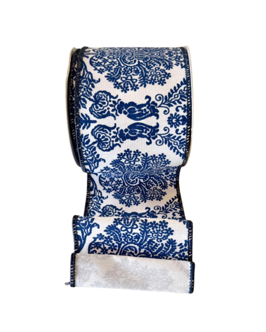 Dark blue and white chinoiserie floral print ribbon by the roll 4” x 10 yards