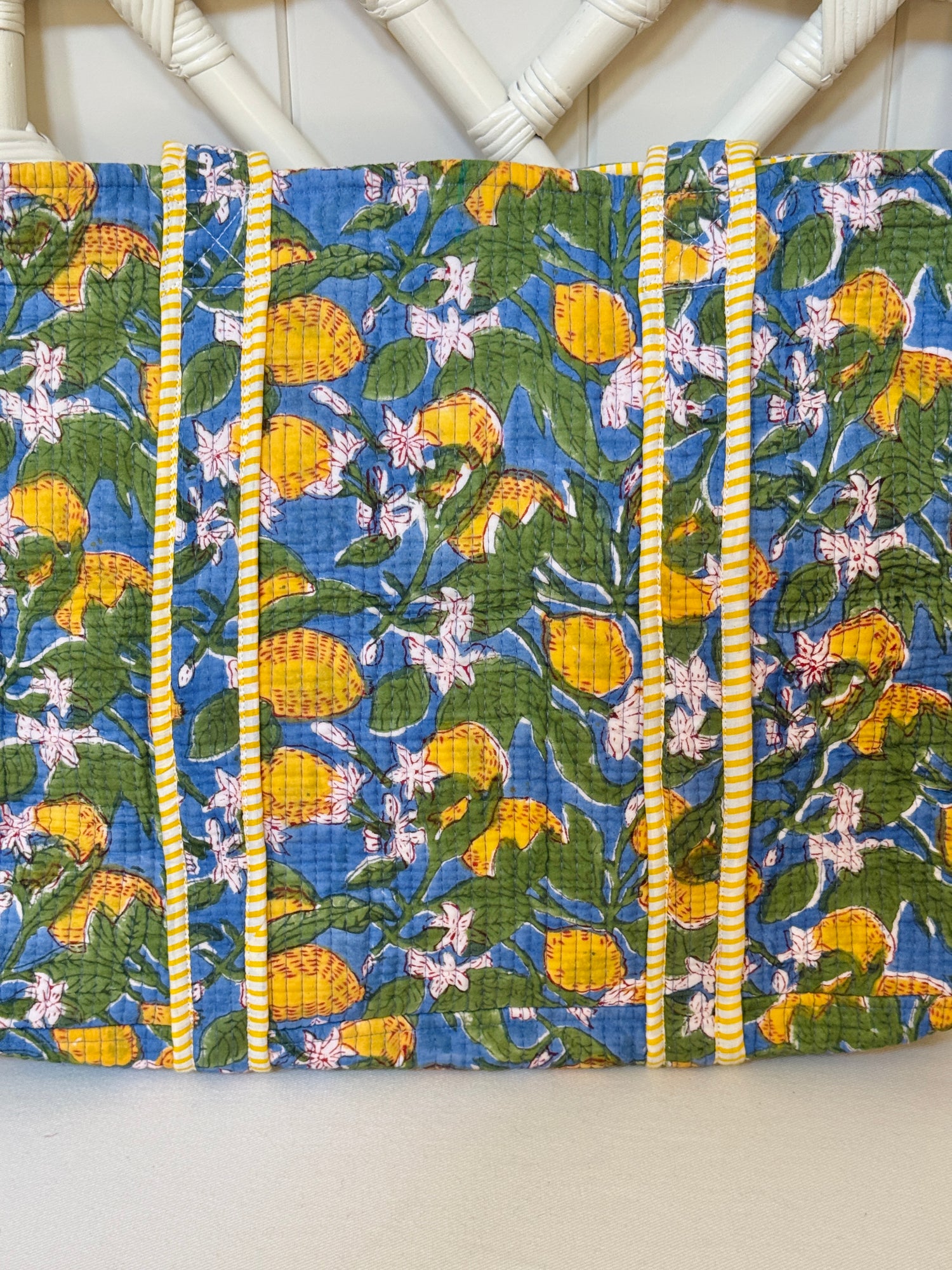 Lemon blossom blue and yellow quilted block print tote bag monogram available