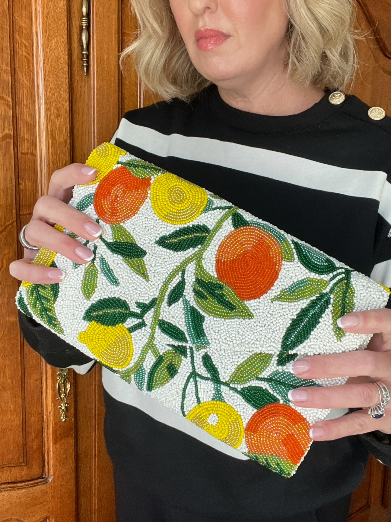 Hand beaded citrus pattern clutch