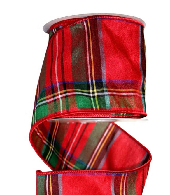 Christmas red tartan plaid ribbon backed in luxe red dupioni