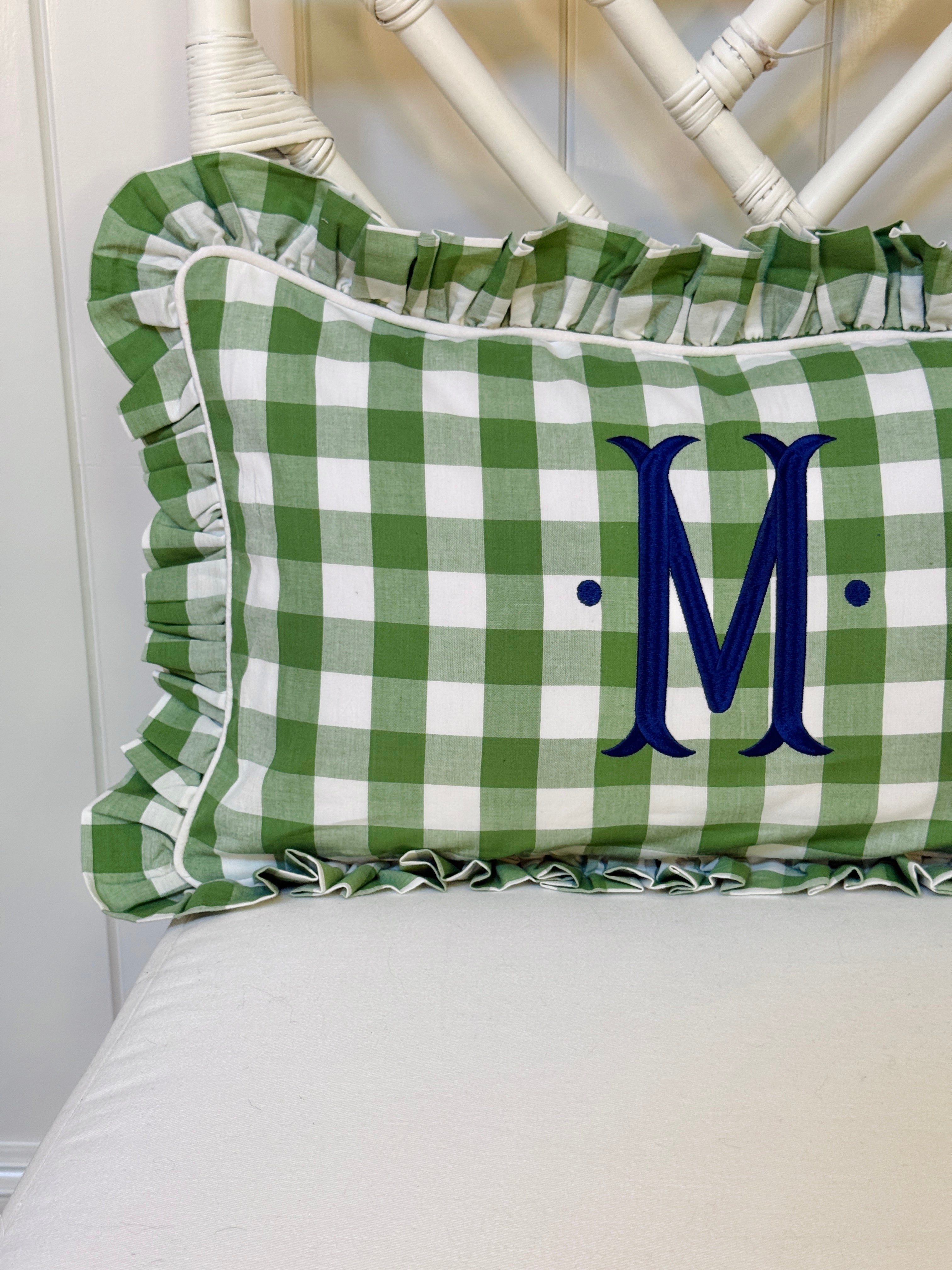 Fern green check pillow cover with ruffle trim, monogram available