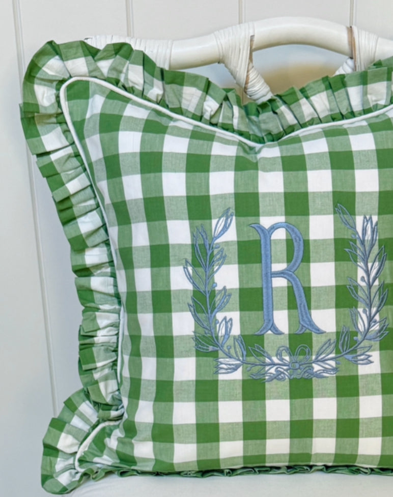 Fern green check pillow cover with ruffle trim, monogram available