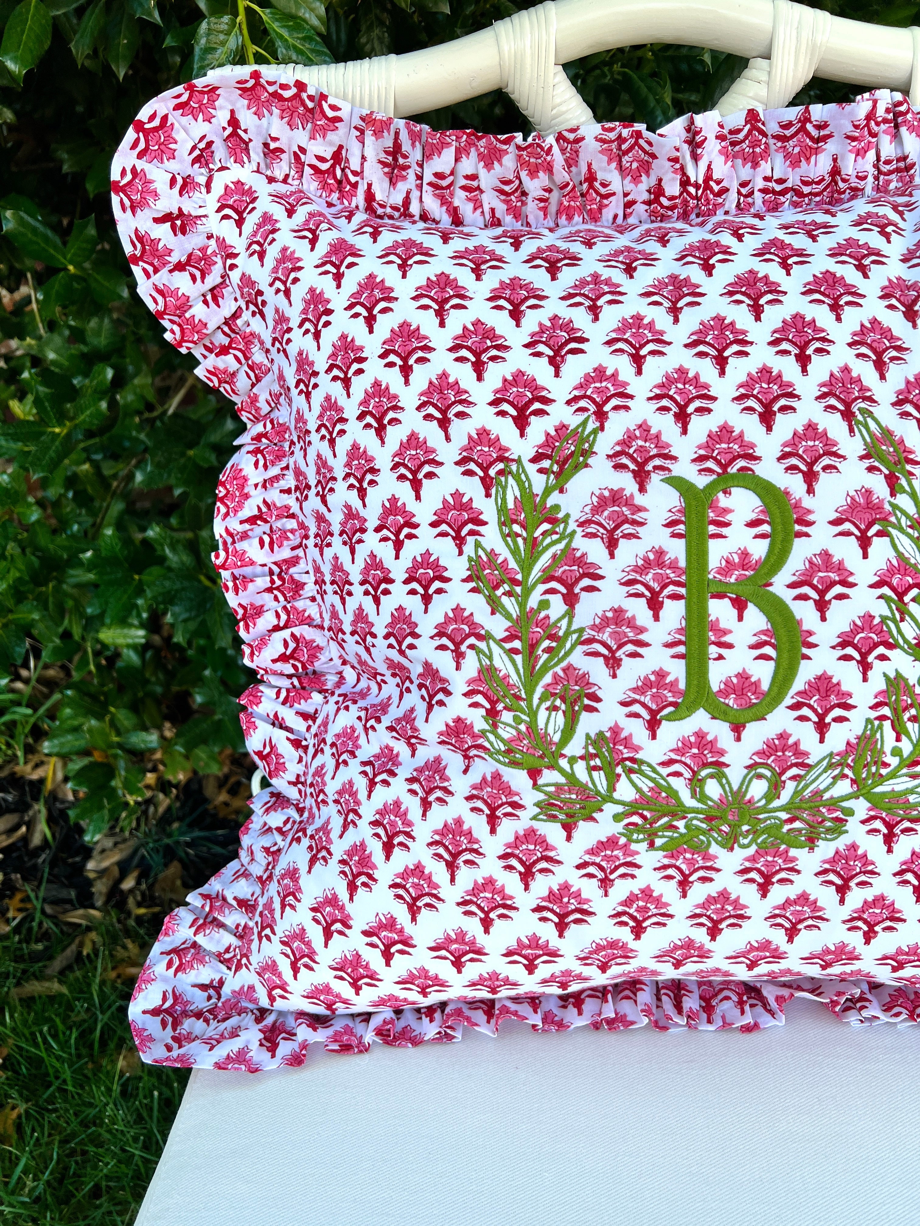 Red and pink block print pillow cover