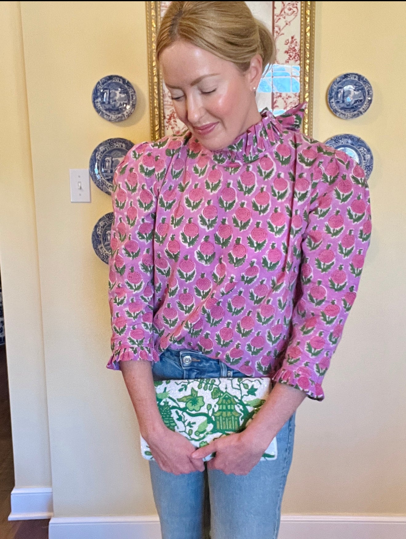 Hand beaded green and white chinoiserie clutch *in stock!*