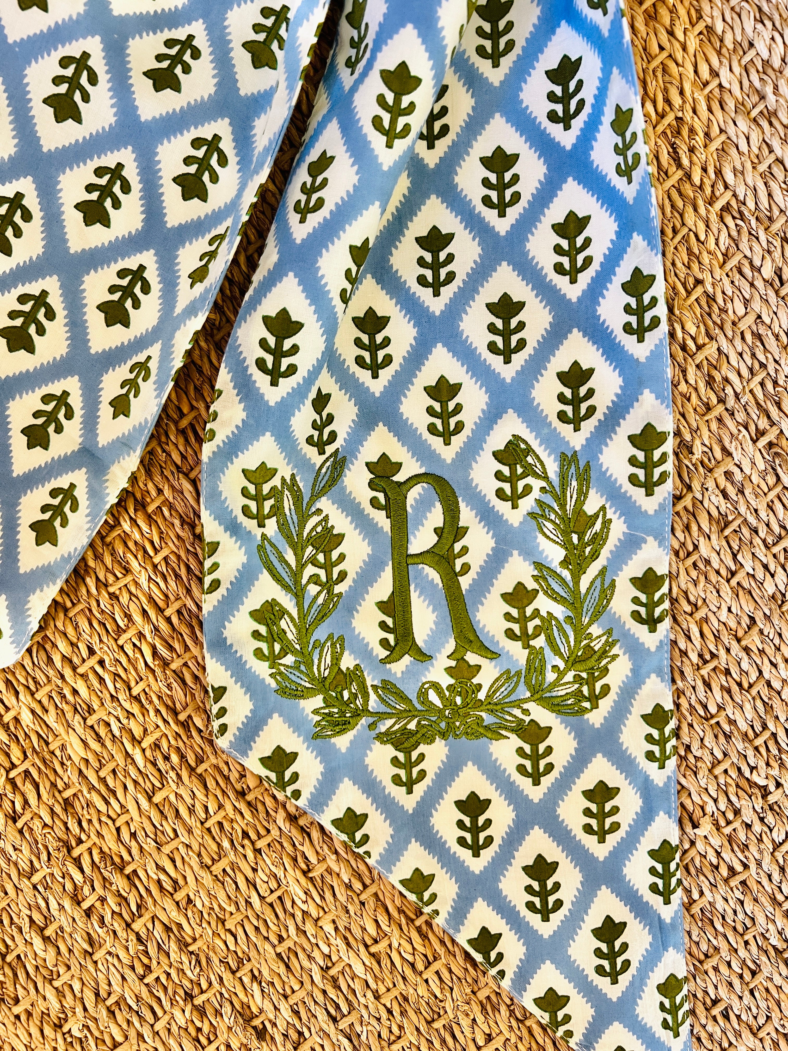 Blue block print wreath sash, 2 sizes