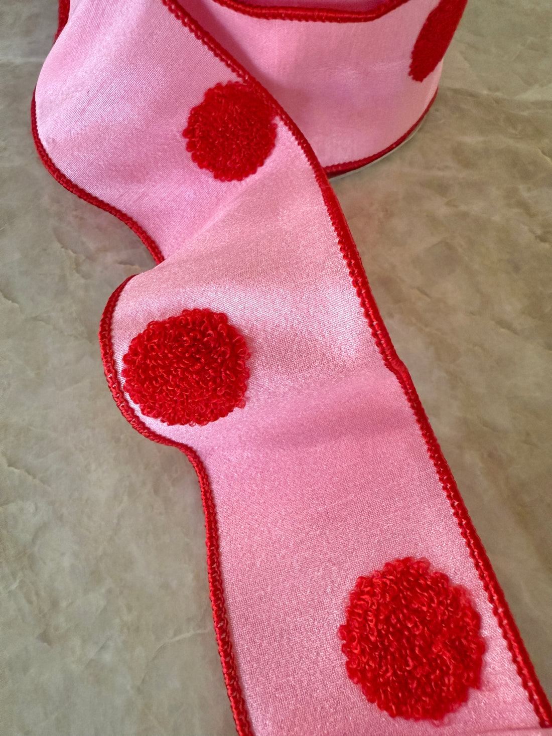Pink and red pom pom polka dot ribbon by the roll, 2.5” x 10 yards