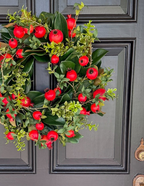 Pomegranate and greens wreath 24”