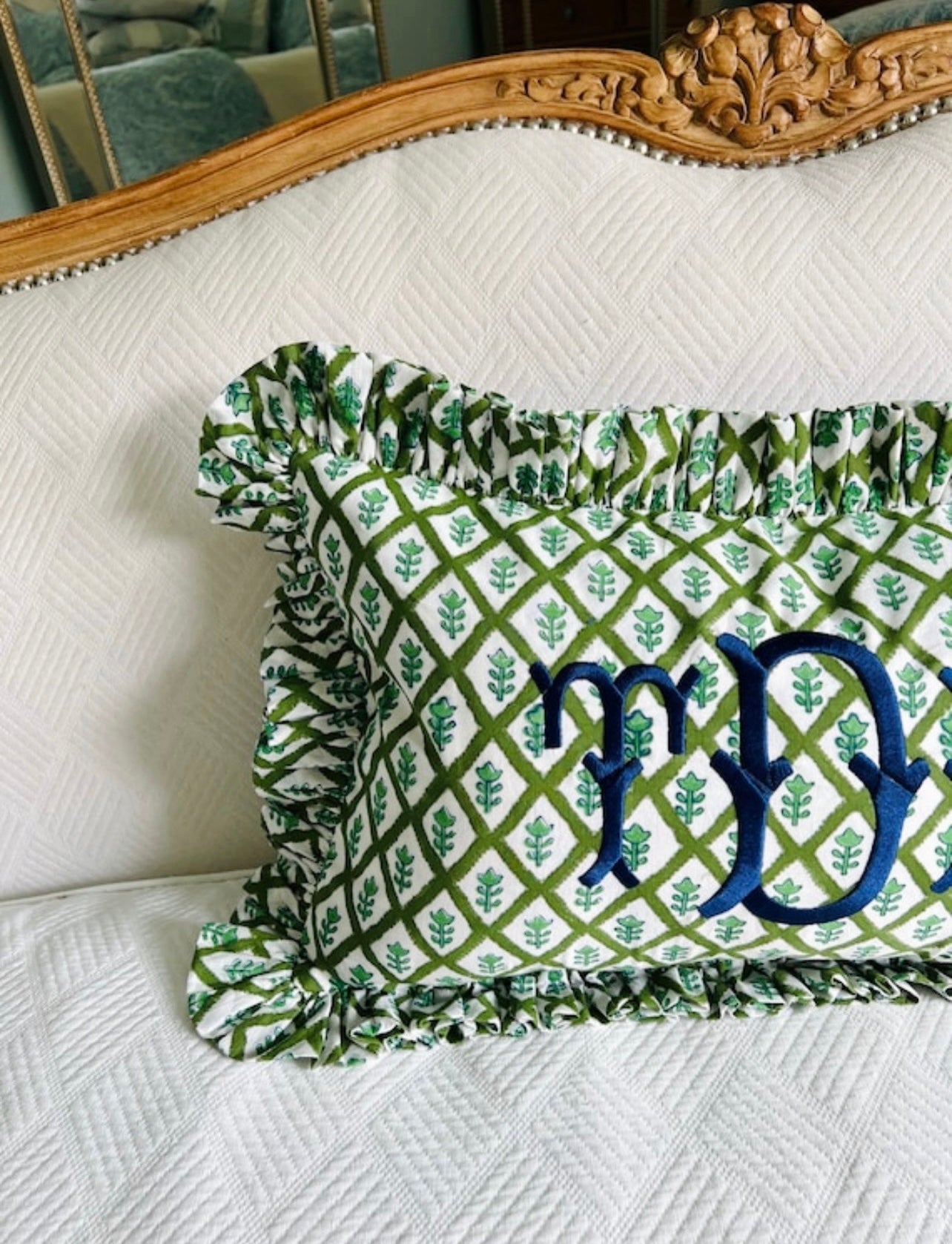 Green block print pillow cover with ruffle flange