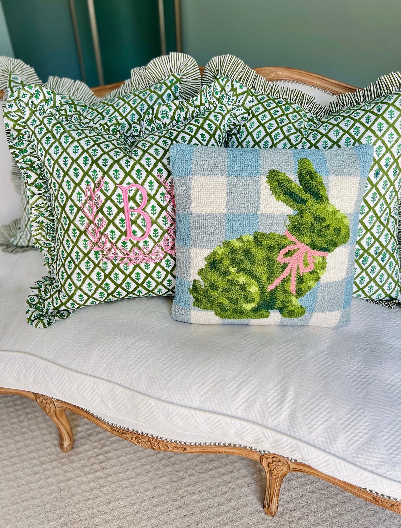 Green block print pillow cover with ruffle flange