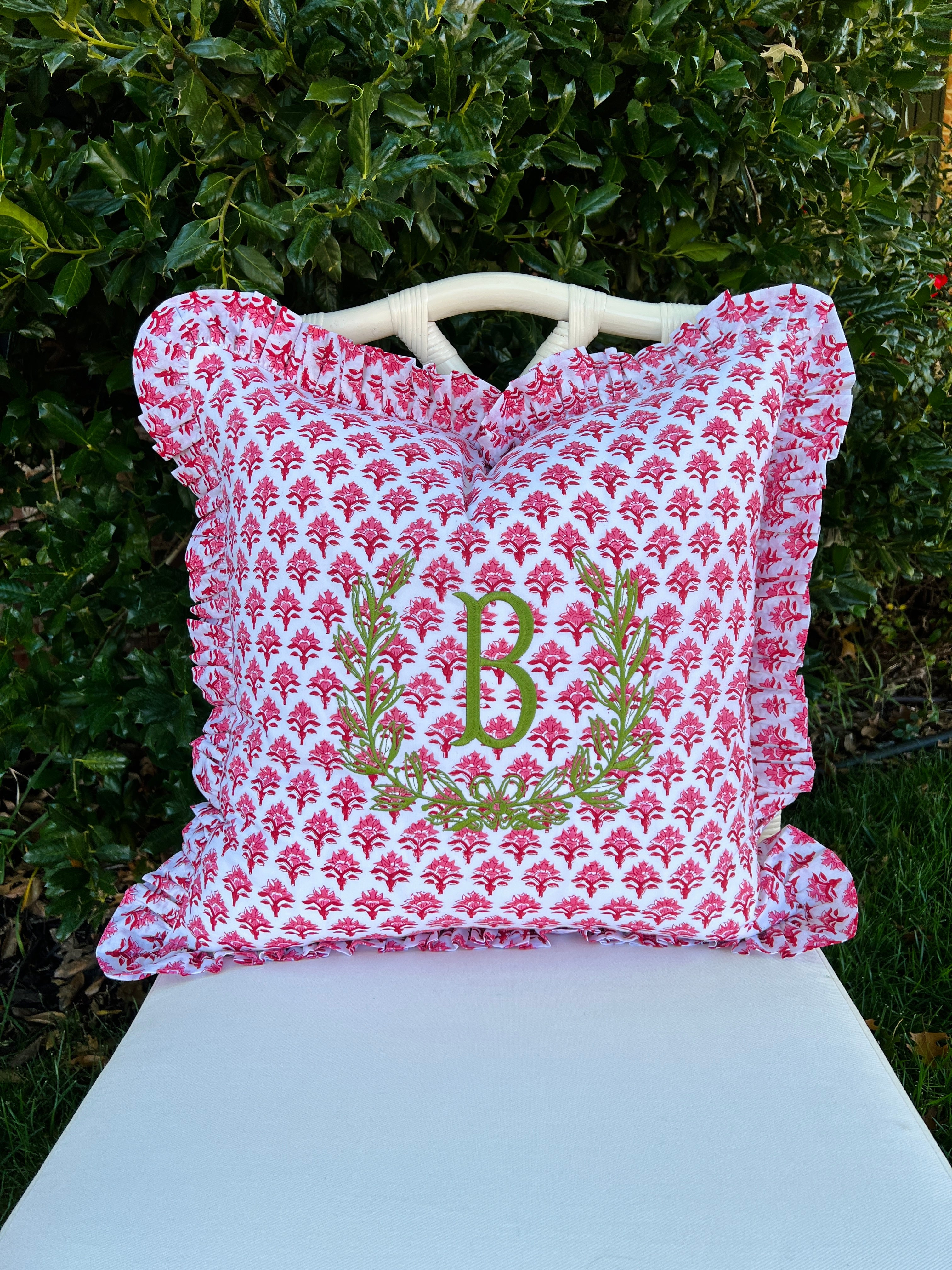 Red and pink block print pillow cover