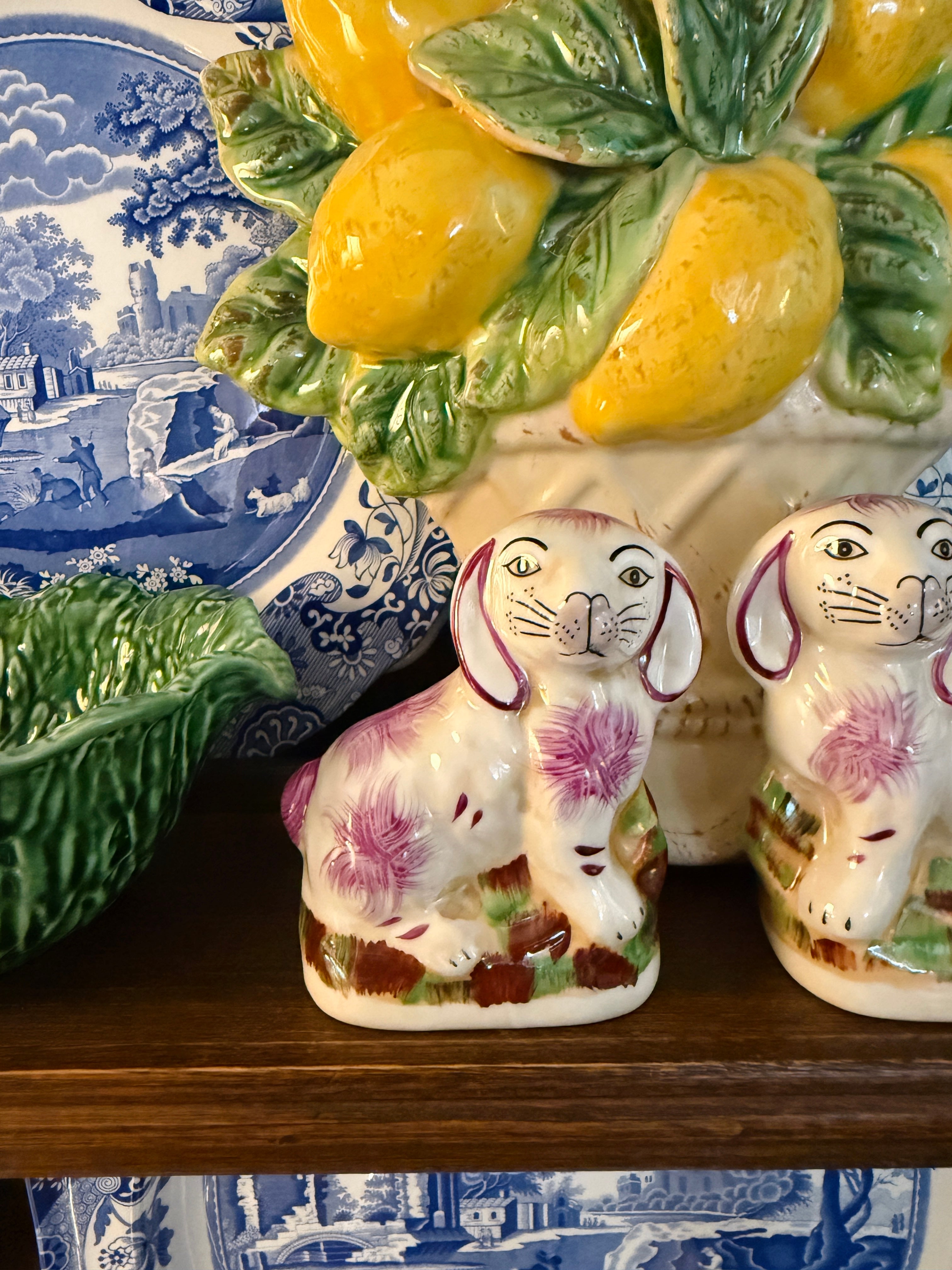 Mini pink porcelain Staffordshire bunny figurine pair