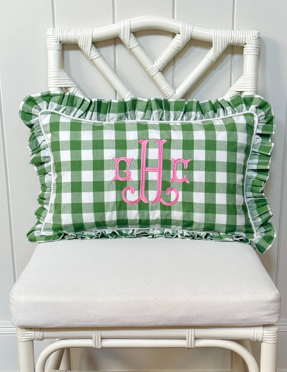 Fern green check pillow cover with ruffle trim, monogram available