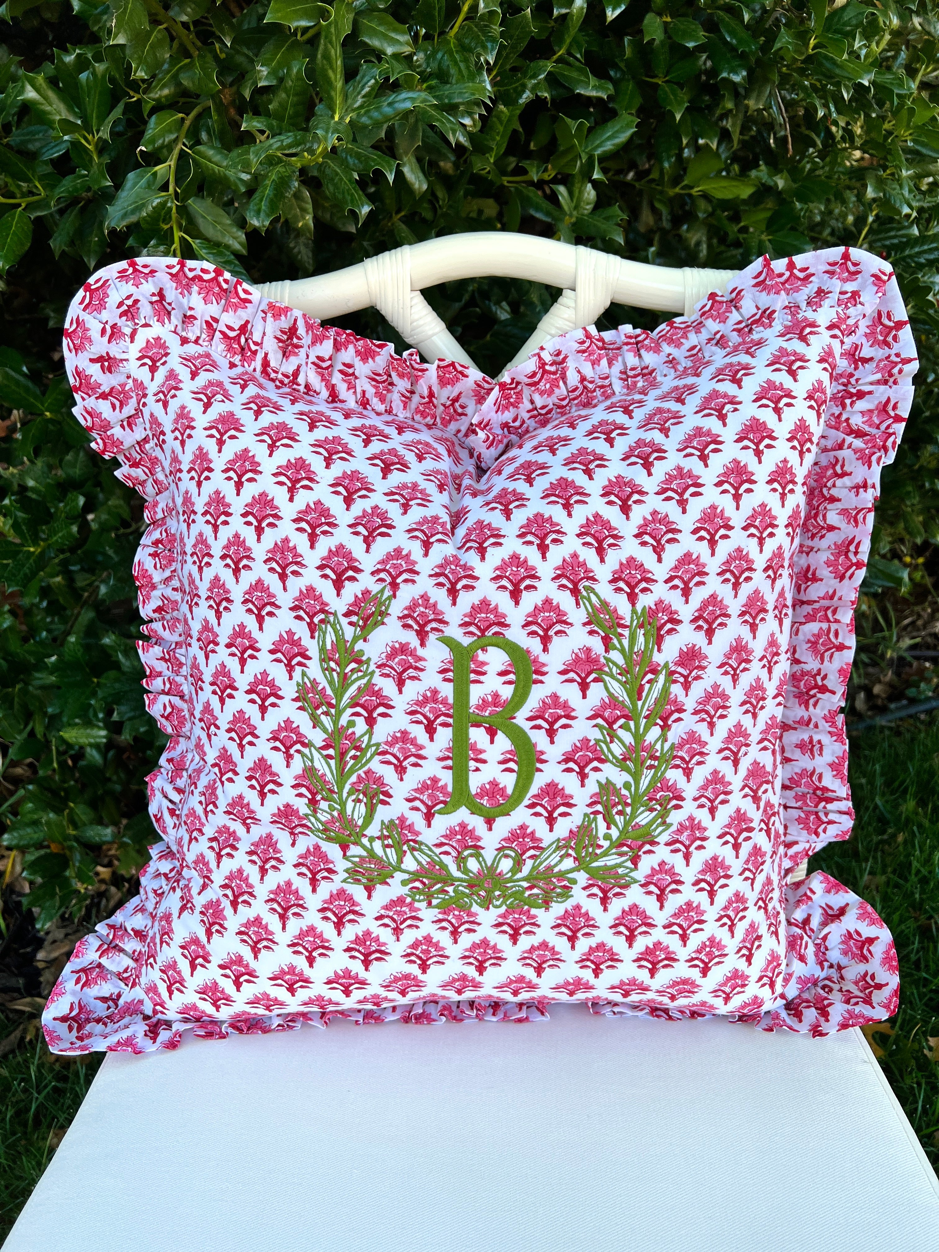 Red and pink block print pillow cover