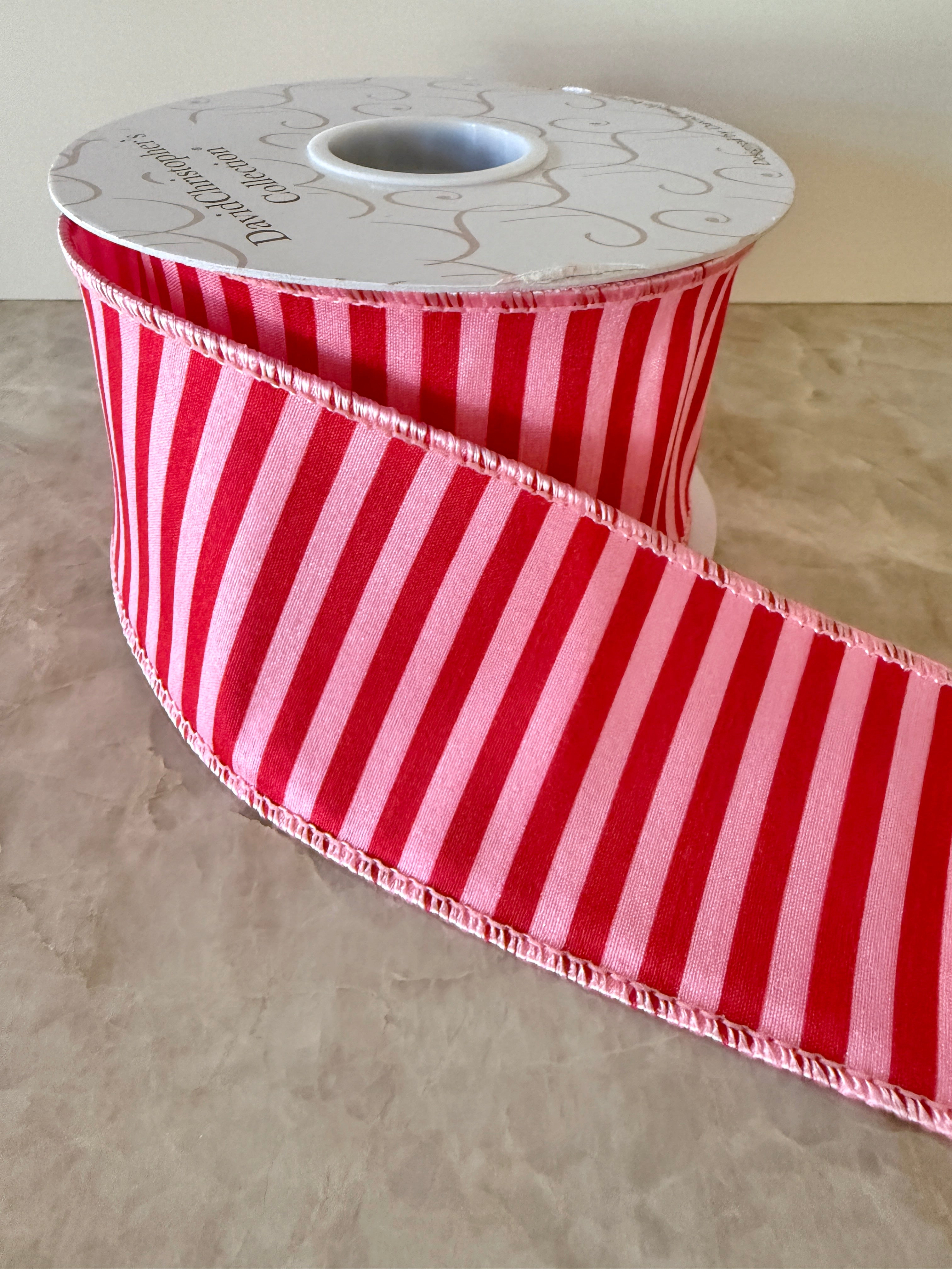 Pink and red striped ribbon by the roll, 2.5” x 10 yards