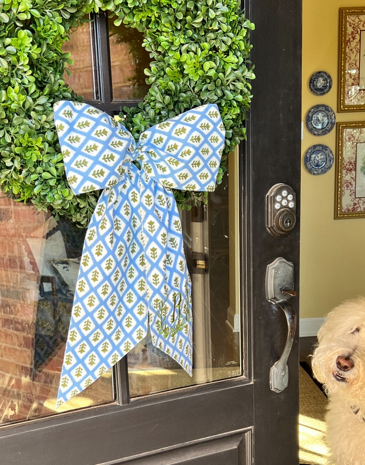 Blue block print wreath sash, 2 sizes