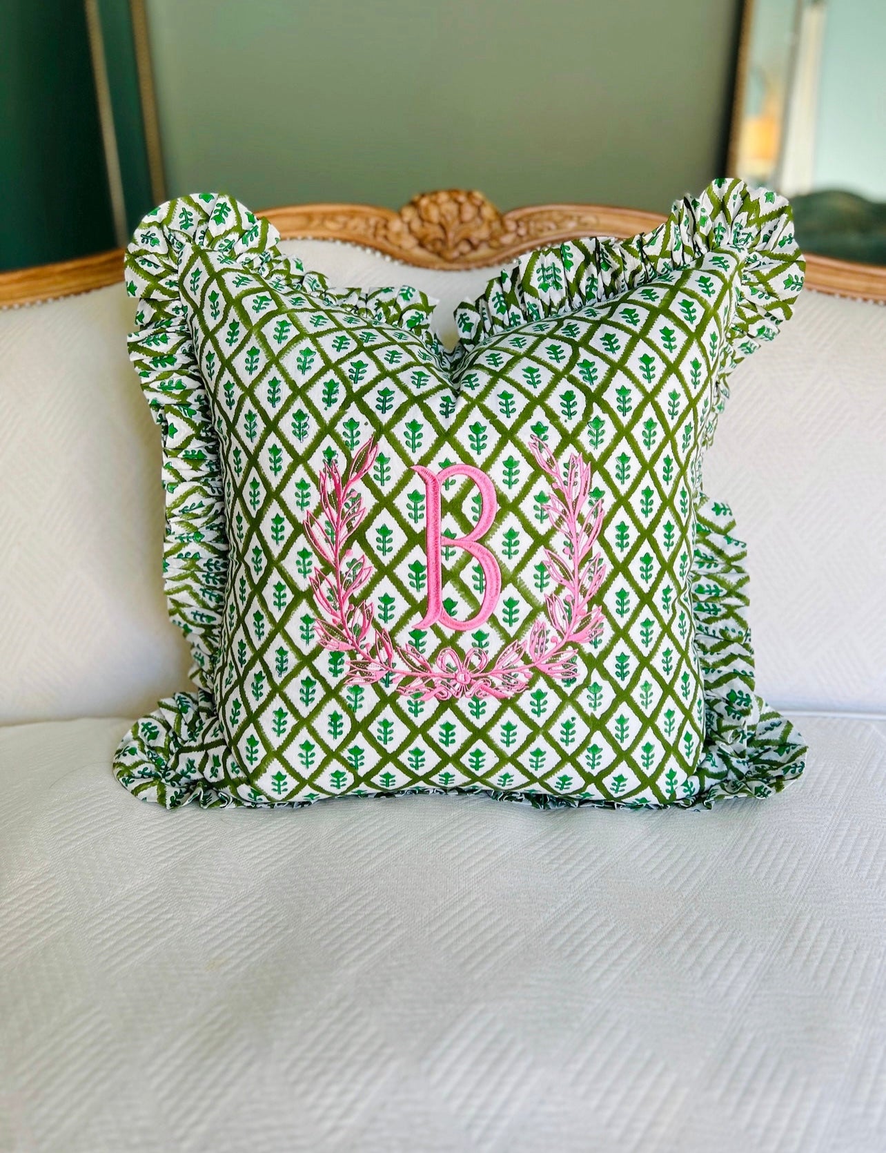 Green block print pillow cover with ruffle flange