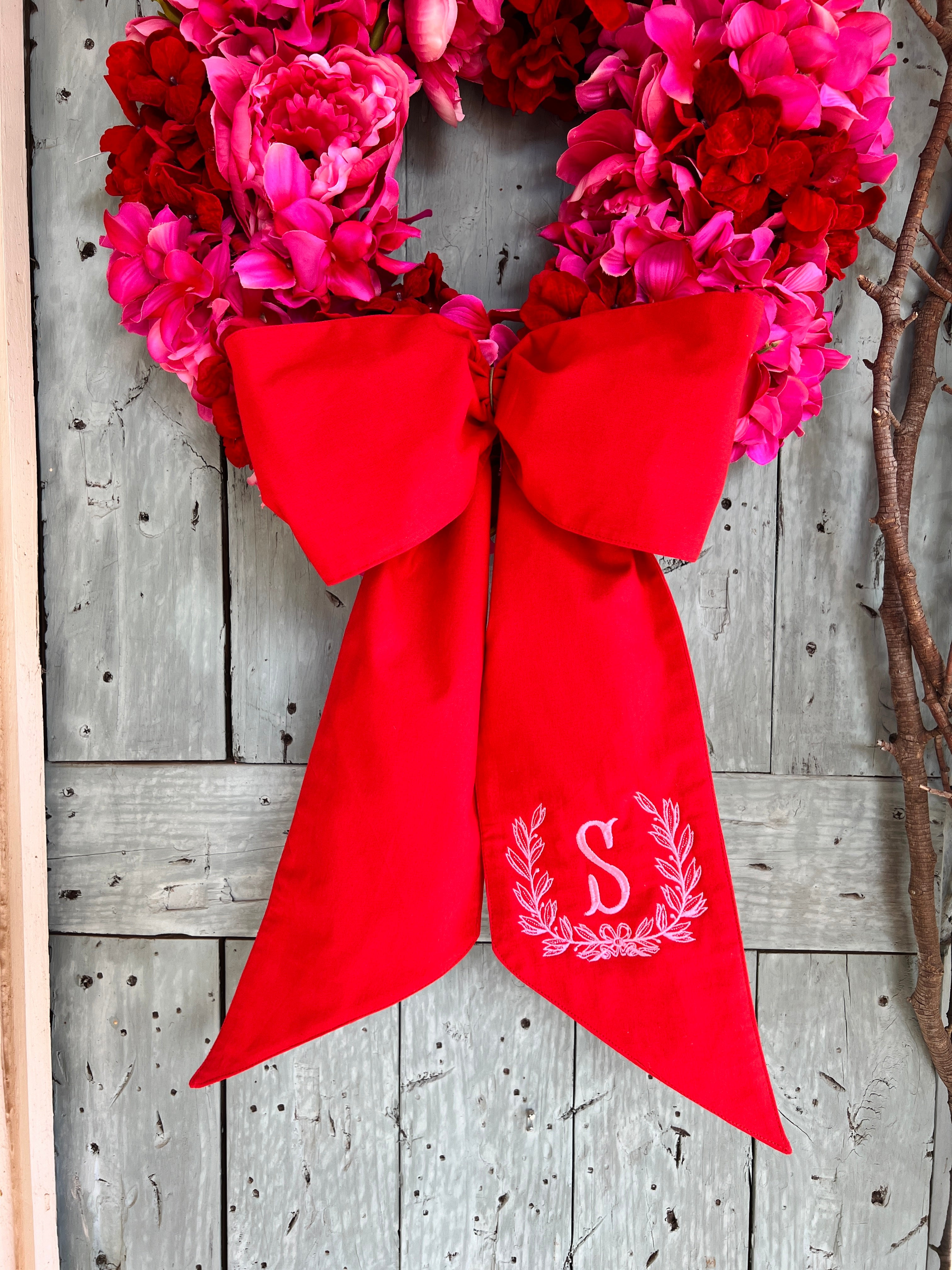 Classic red cotton wreath sash, two sizes, monogram available