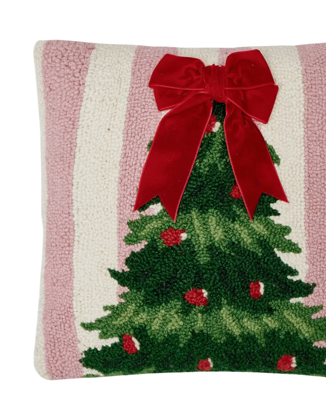Pink and red hand hooked Christmas tree pillow with bow