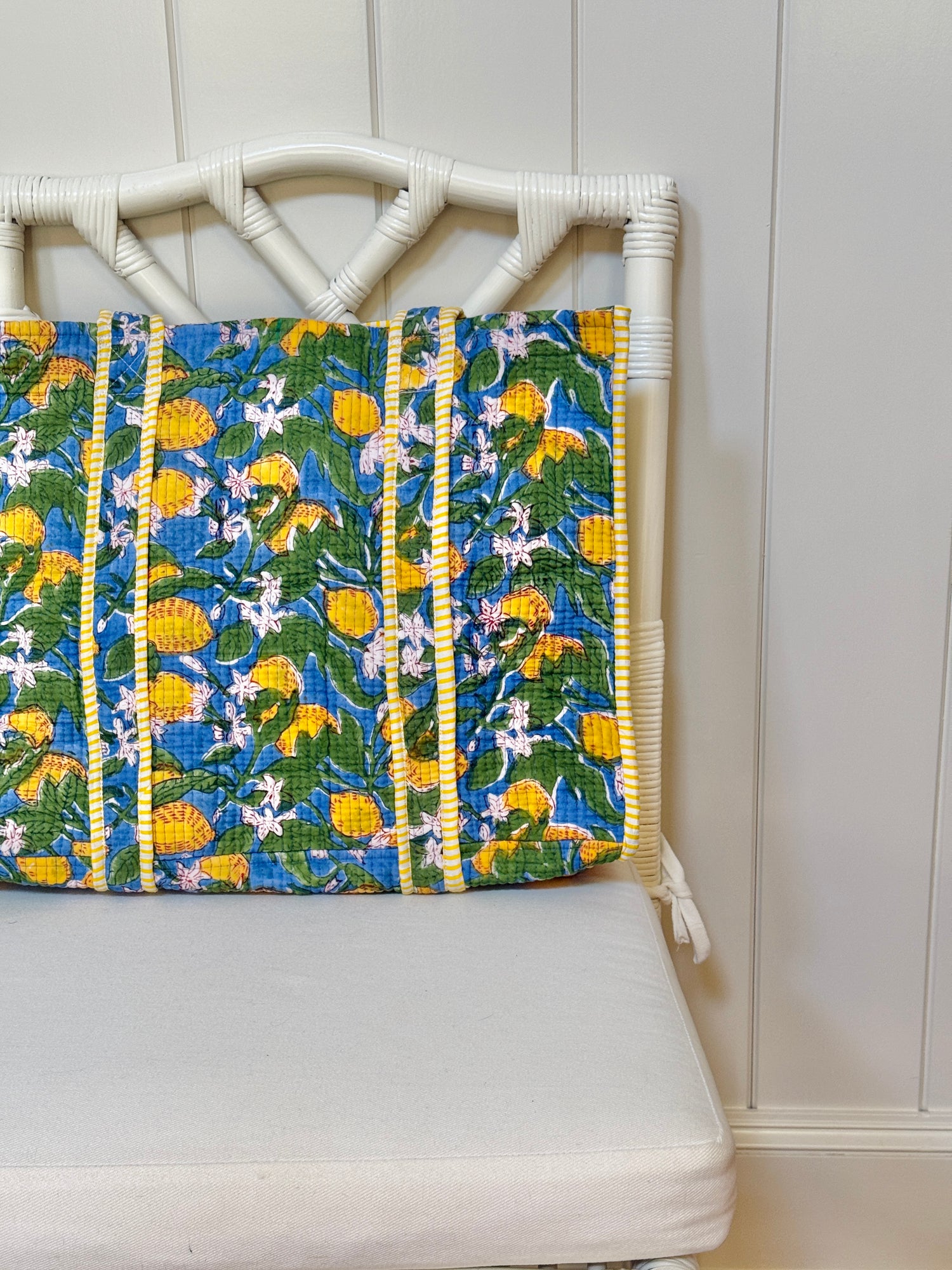 Lemon blossom blue and yellow quilted block print tote bag monogram available
