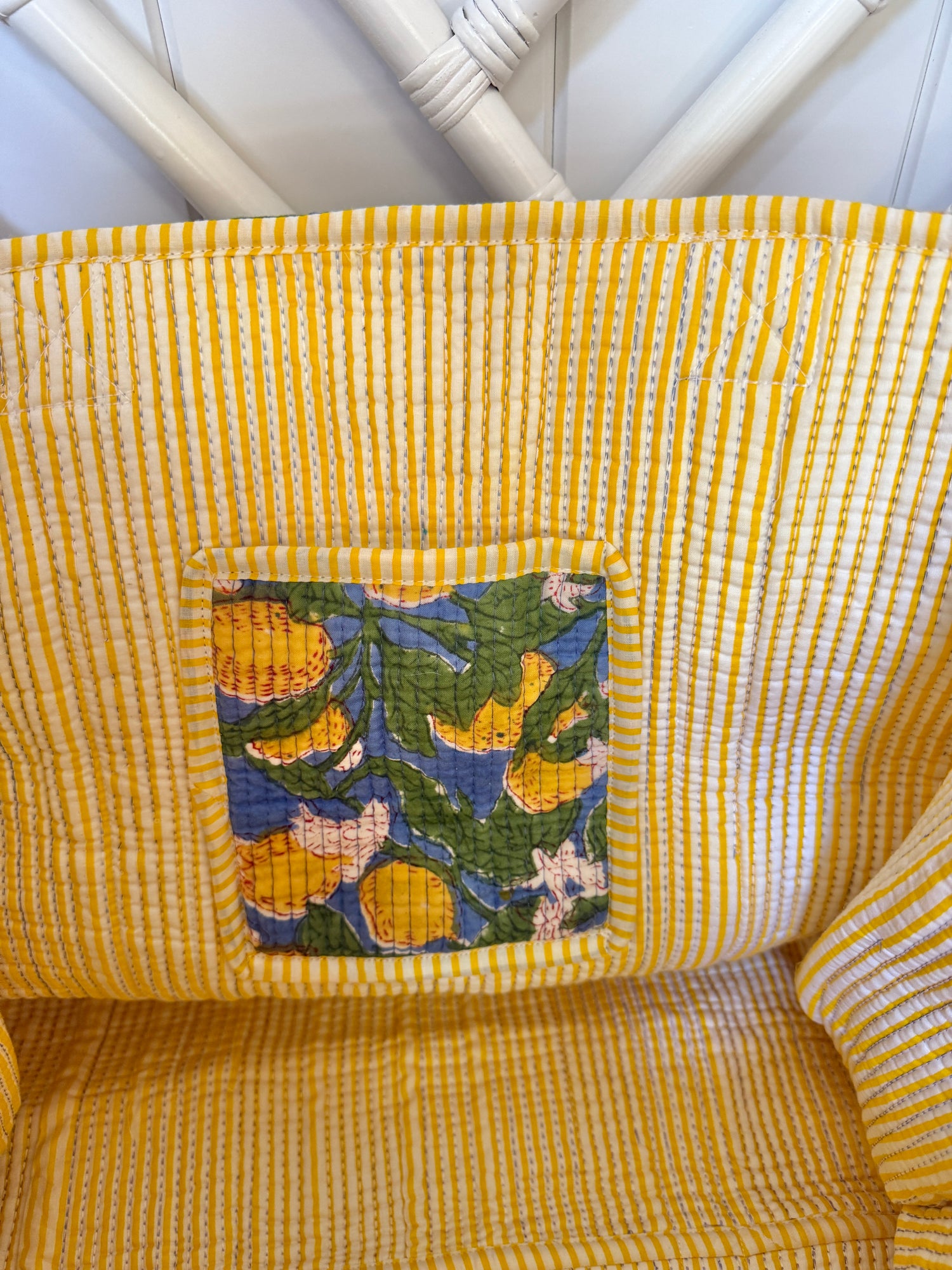 Lemon blossom blue and yellow quilted block print tote bag monogram available