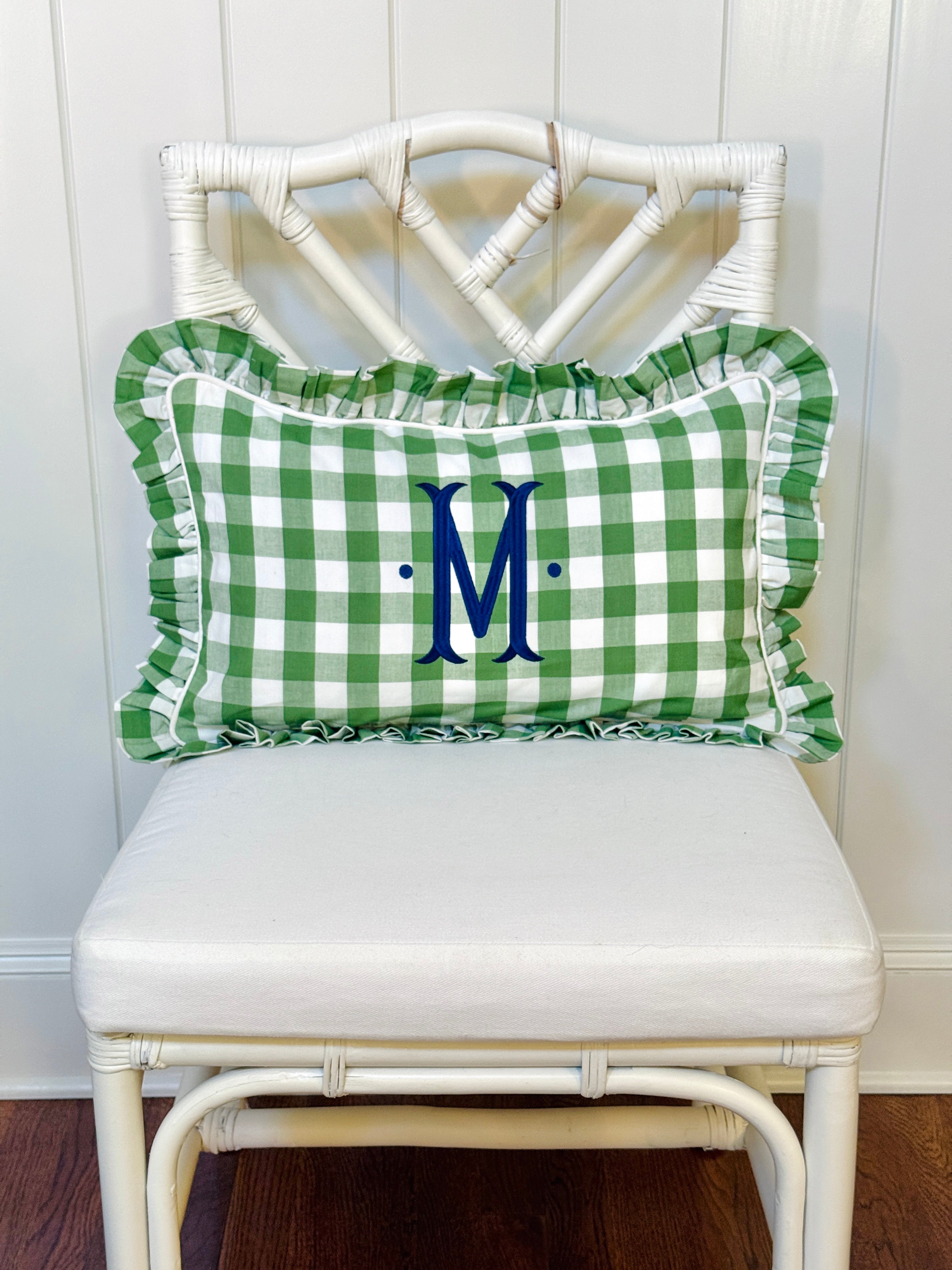 Fern green check pillow cover with ruffle trim, monogram available