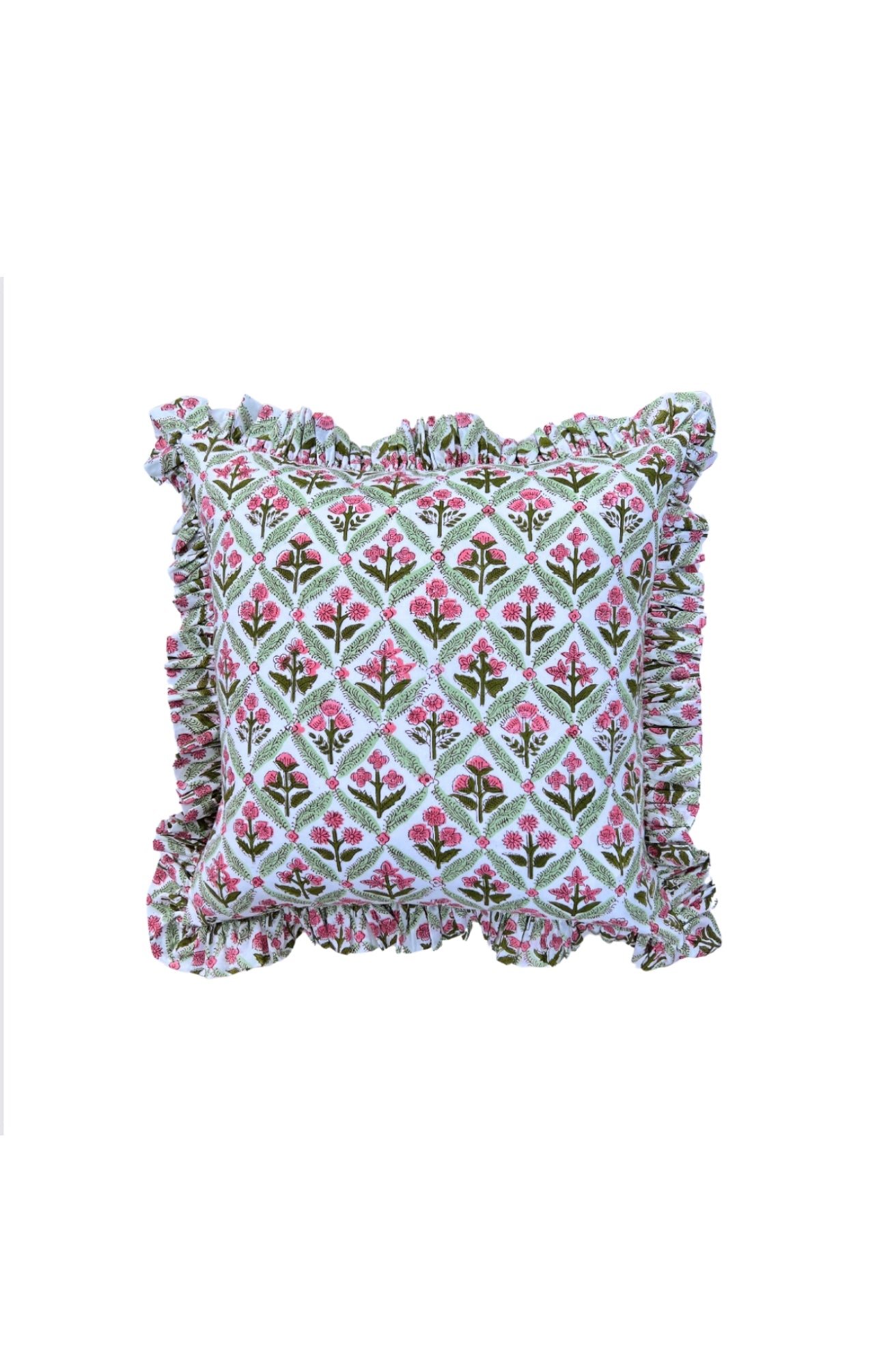Rose and green floral trellis block print ruffle pillow cover