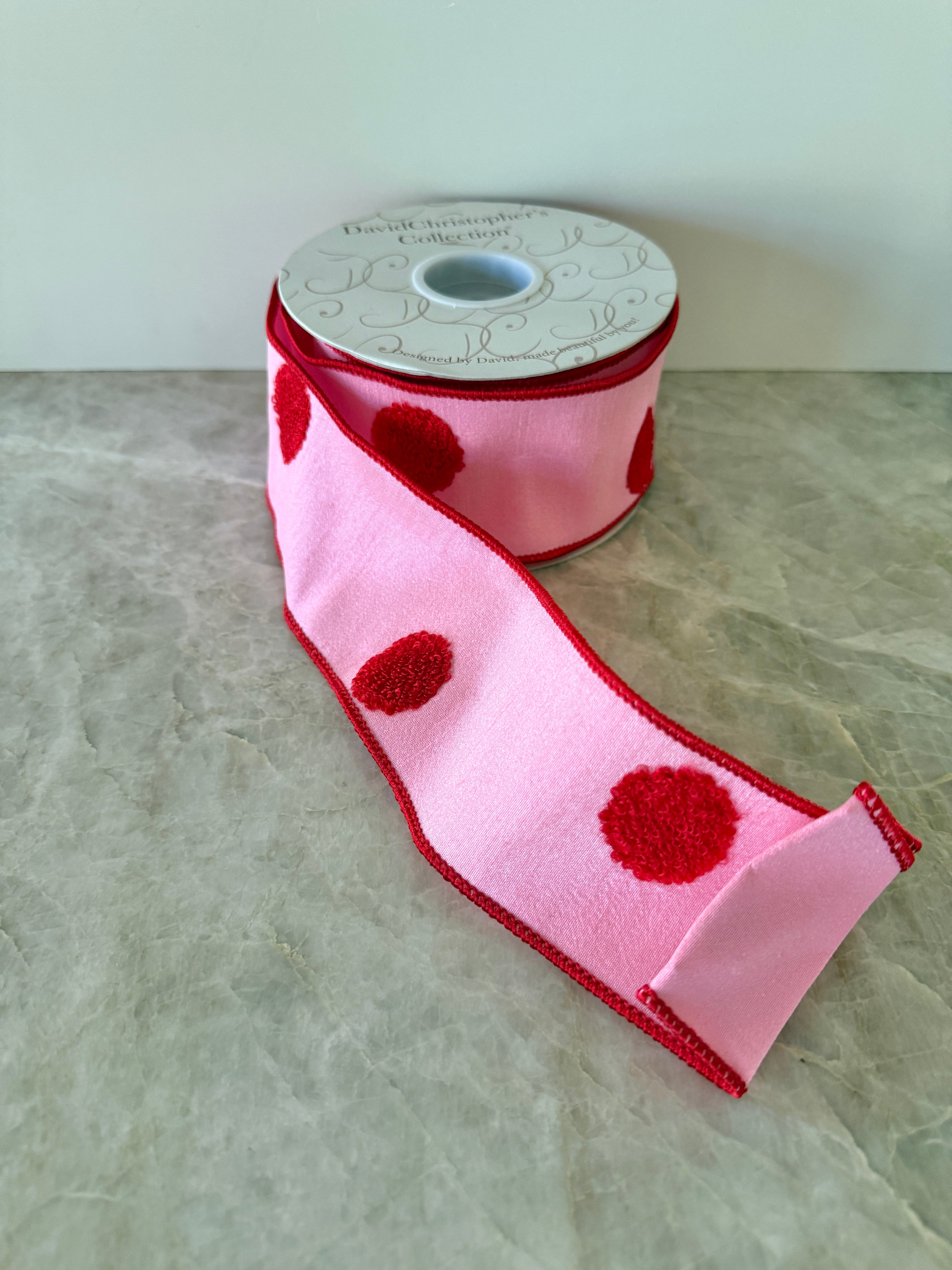Pink and red pom pom polka dot ribbon by the roll, 2.5” x 10 yards