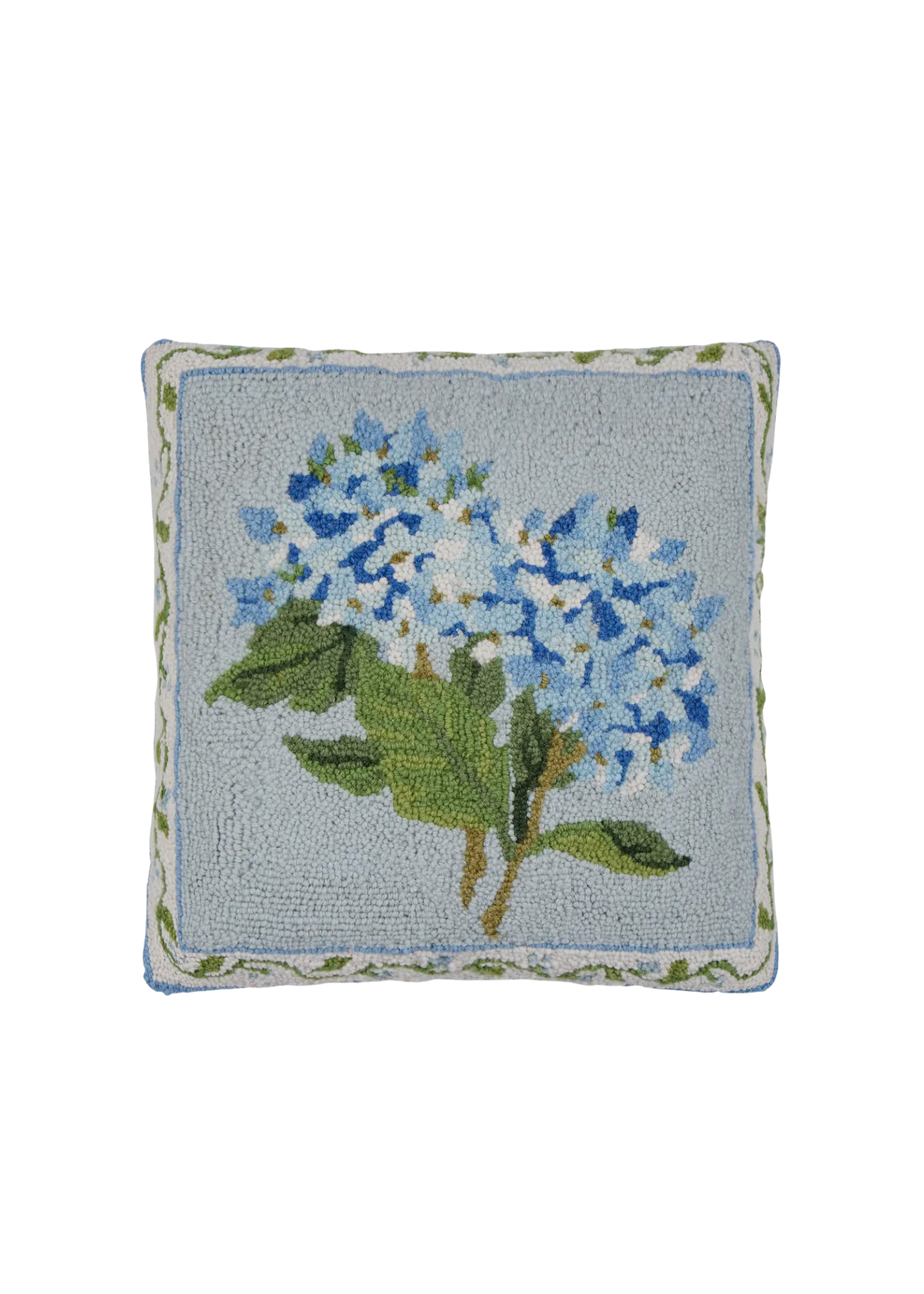 Blue hydrangea hooked wool pillow