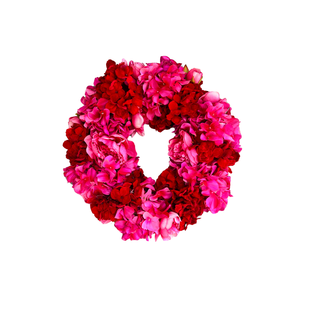 Pink and red hydrangea and peony floral wreath