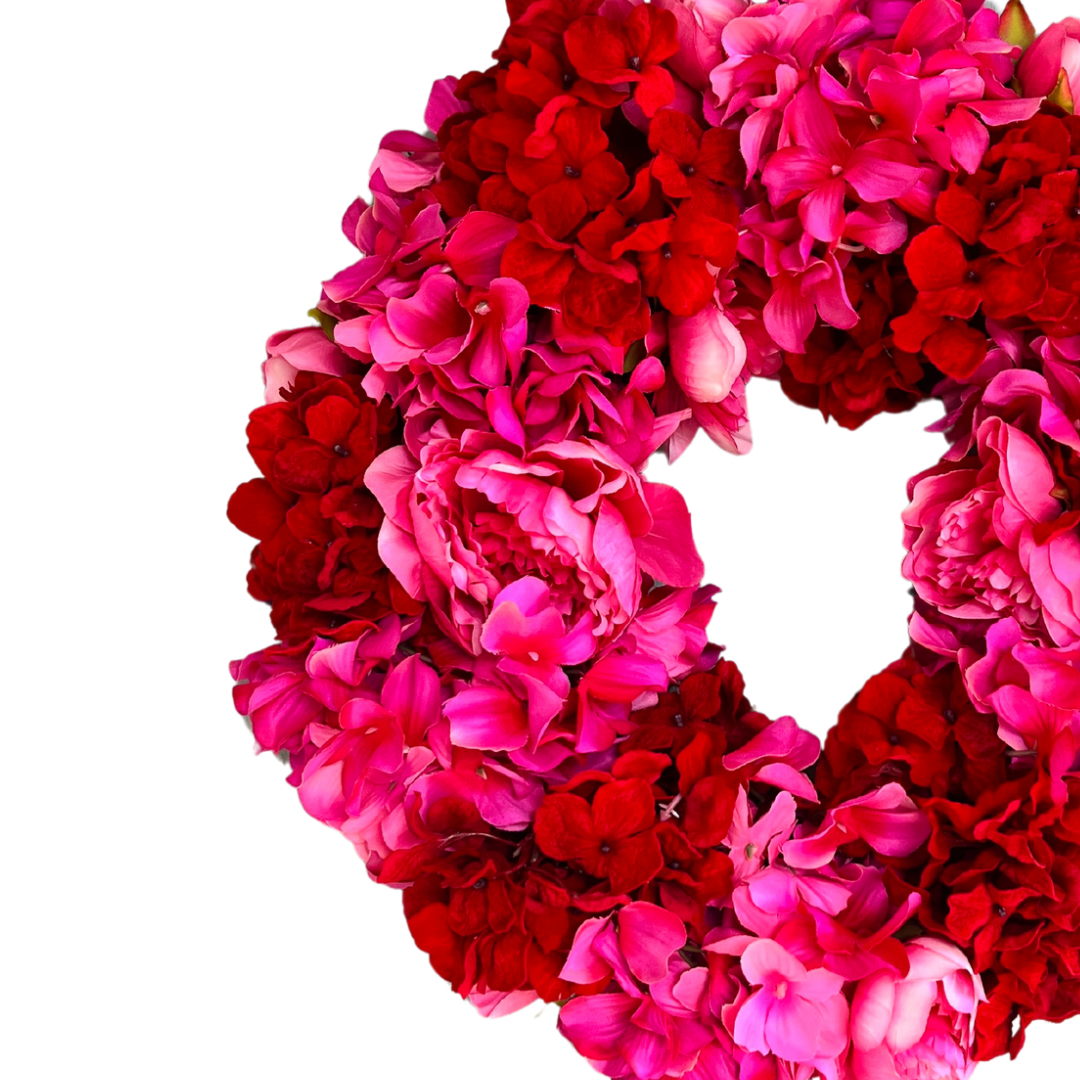 Pink and red hydrangea and peony floral wreath